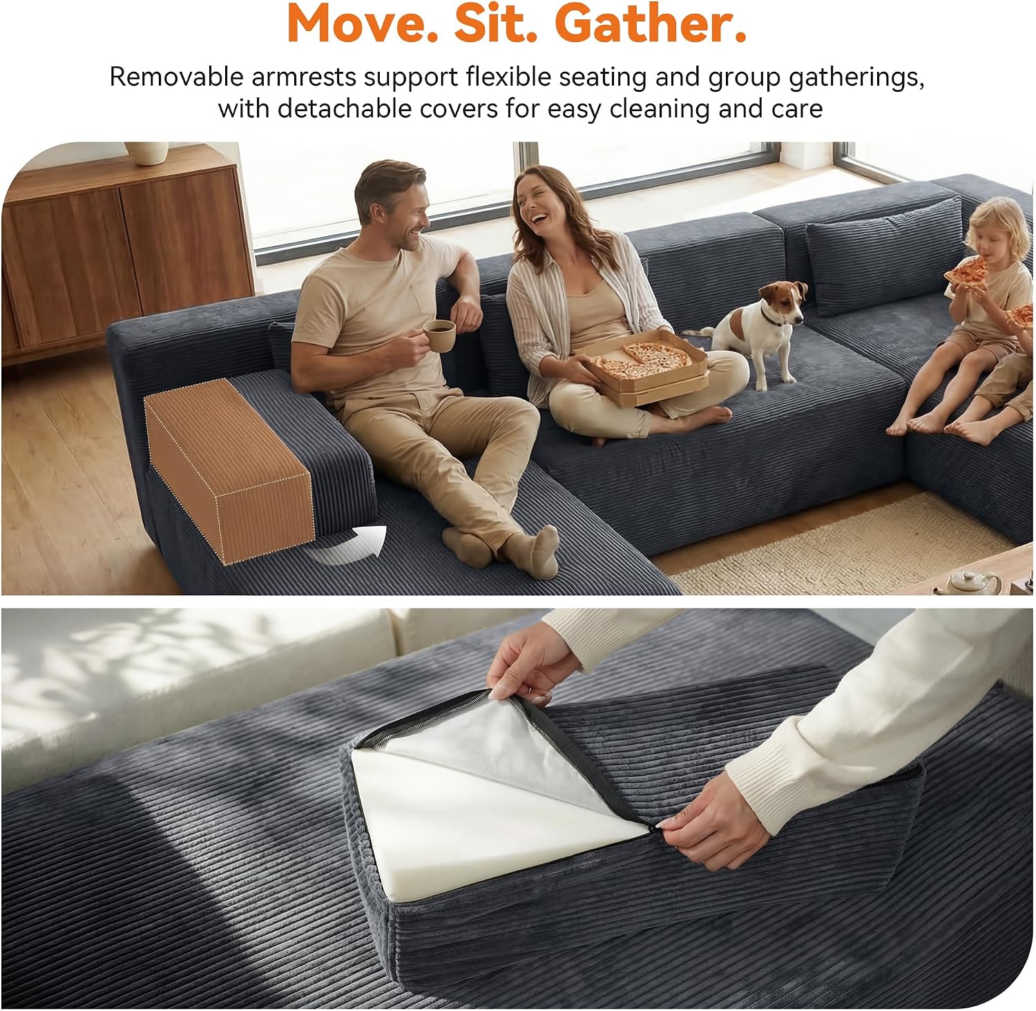 MONVANE 141' U Shaped Cloud Sectional Couch with Chaise Lounge, Modular Sectional Sofa with Removable Armrests, Comfy Corduroy Boneless Couches for Living Room, No Assembly Required, Grey