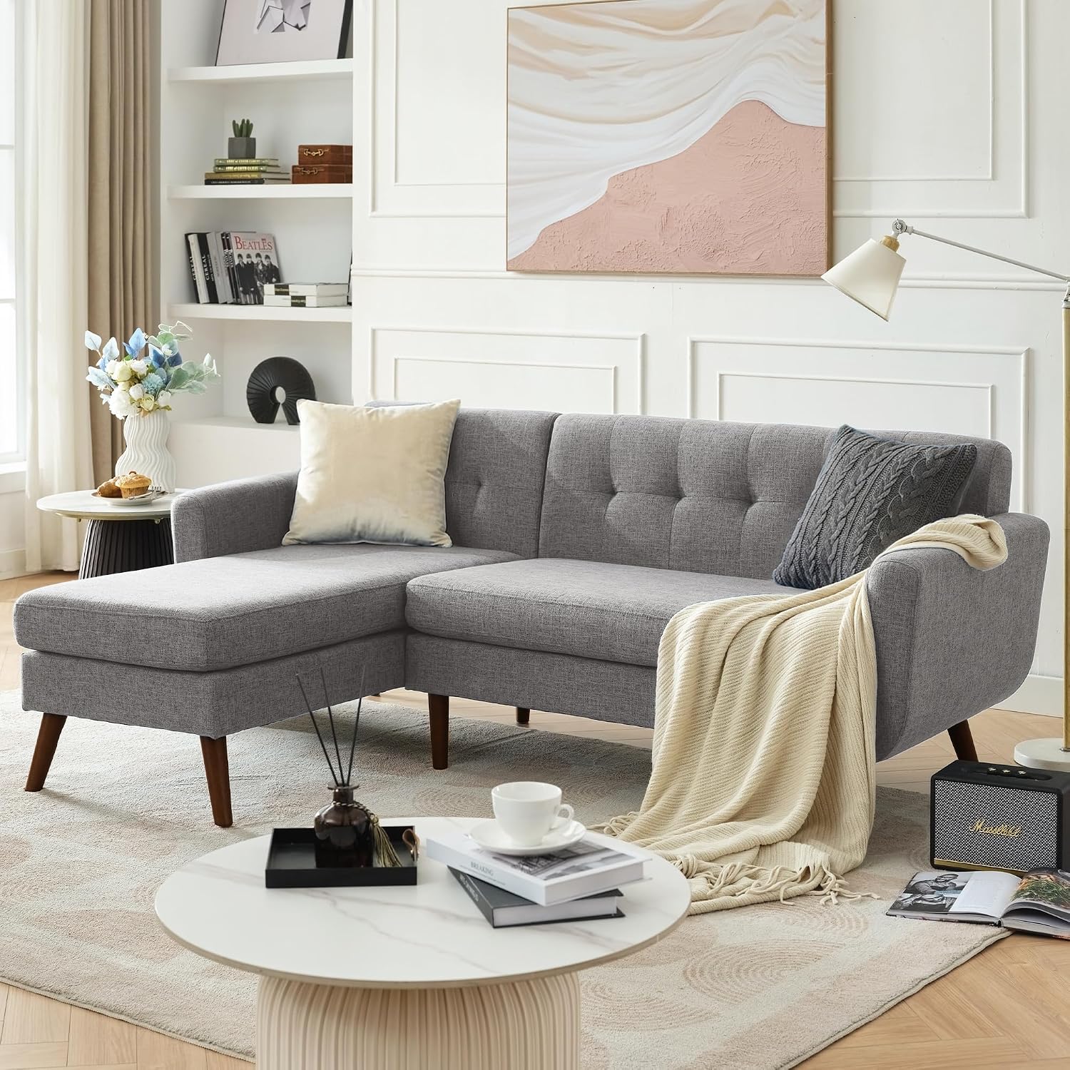 Tbfit L Shaped Couch Sofa, 80' W Mid-Century Modern Sectional Couches, 3 Seater Sofas with Wide Chaise Lounge, Button Tufted Upholstered Sectional Sofa for Living Room, Bedroom, Gray