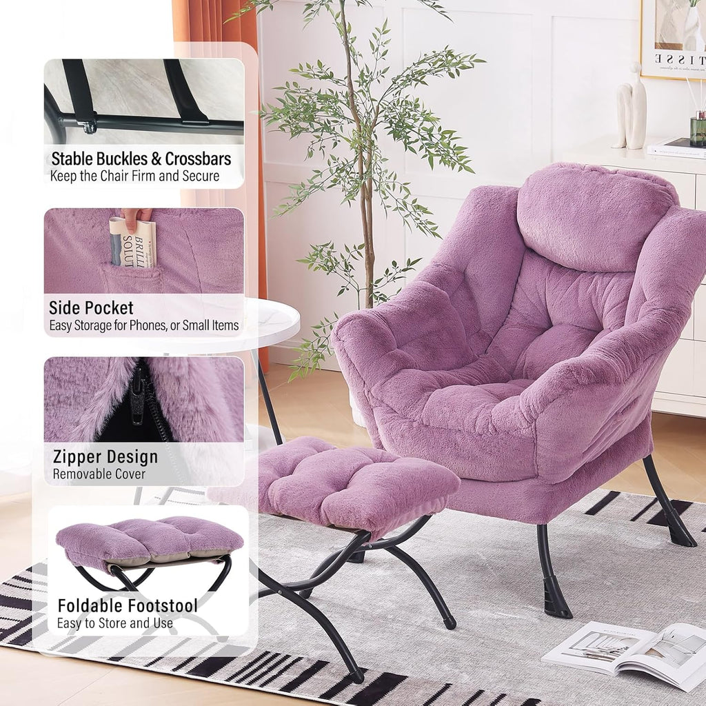 Furlide Lazy Chair with Ottoman, Modern Accent Chair with Armrests and a Side Pocket, Plush Purple Accent Chairs, Reading Chairs, Oversized Armchairs for Bedroom, Study, Living Room, Courtyard