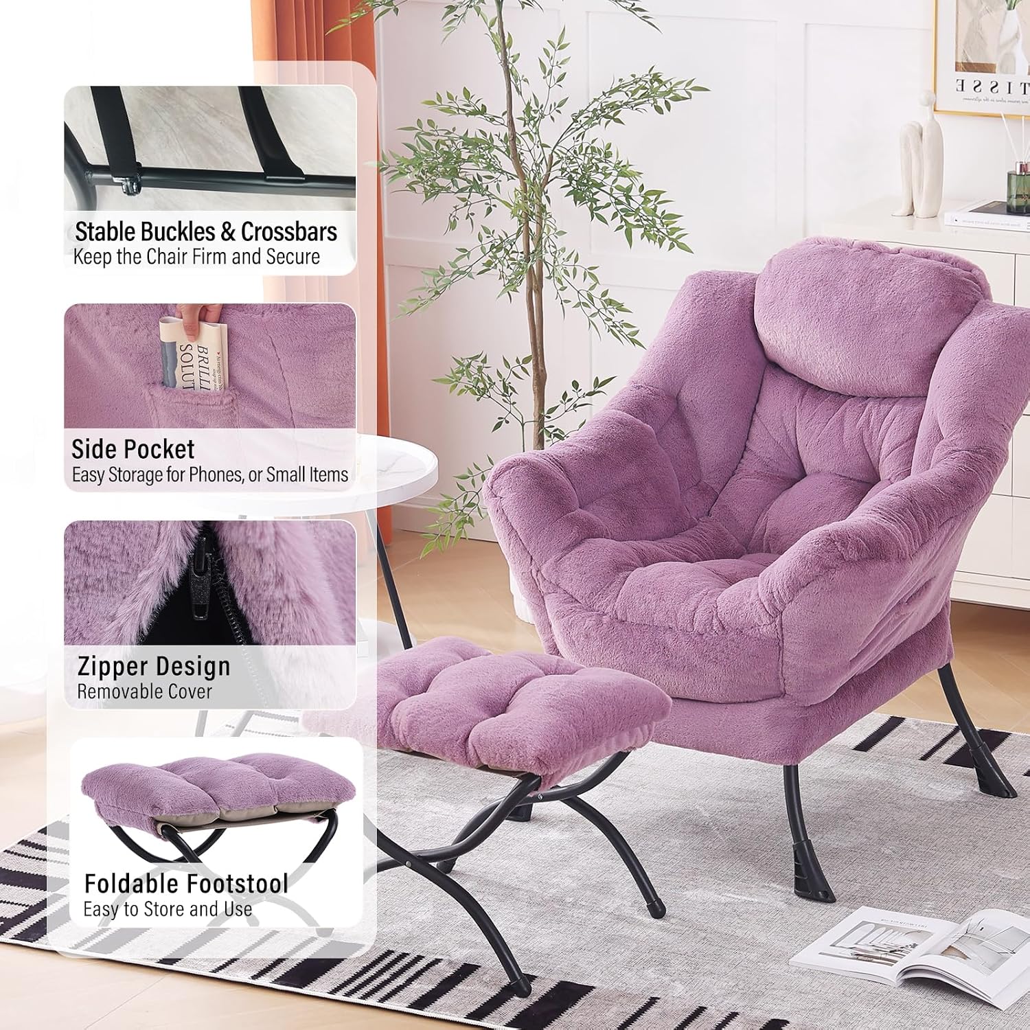 Furlide Lazy Chair with Ottoman, Modern Accent Chair with Armrests and a Side Pocket, Plush Purple Accent Chairs, Reading Chairs, Oversized Armchairs for Bedroom, Study, Living Room, Courtyard