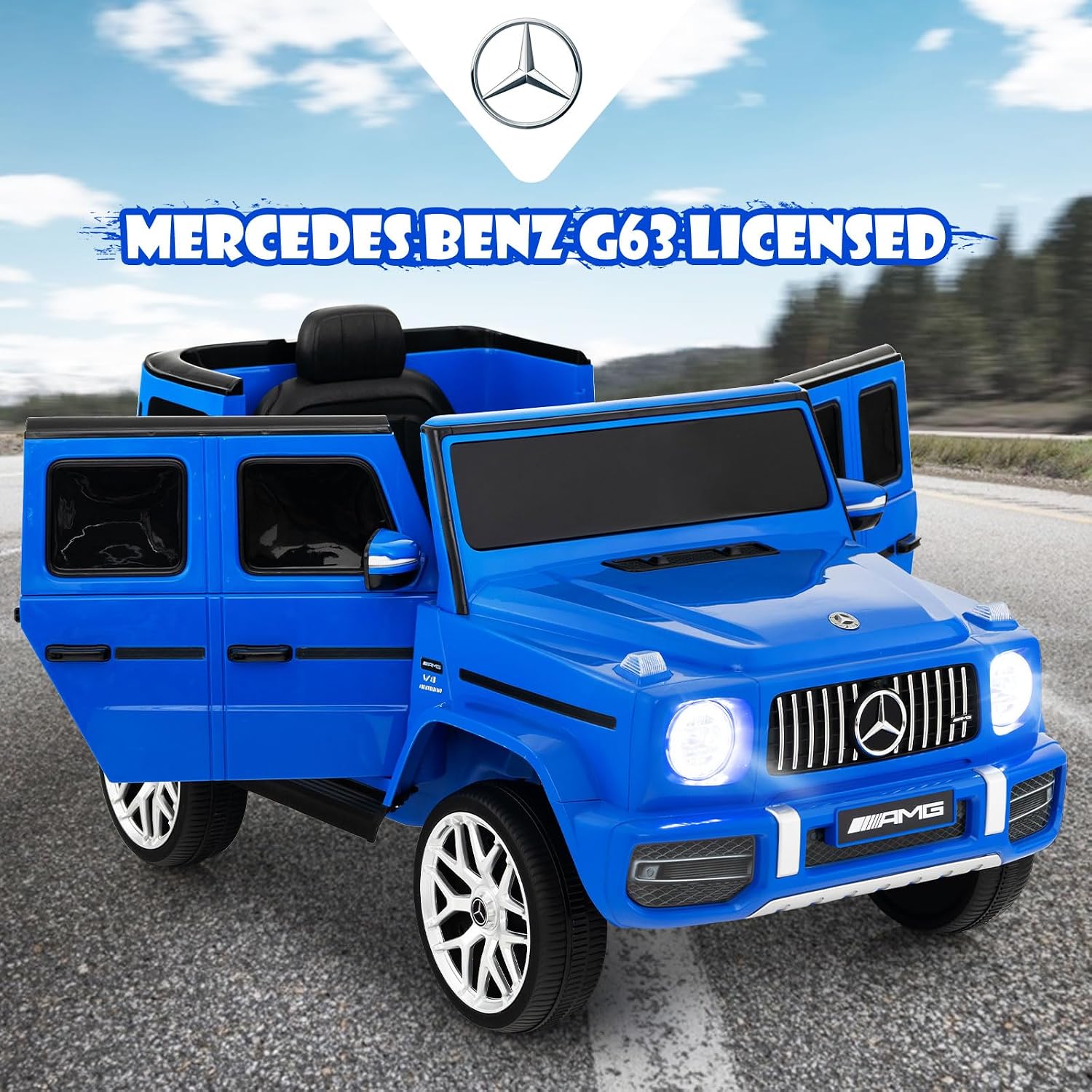 INFANS Licensed Mercedes Benz G63 Kids Ride On Car, 12V Electric Vehicle with Remote Control, Double Open Doors, Music, Bluetooth, Wheels Suspension, Battery Powered for Children Boy Girl (Blue)
