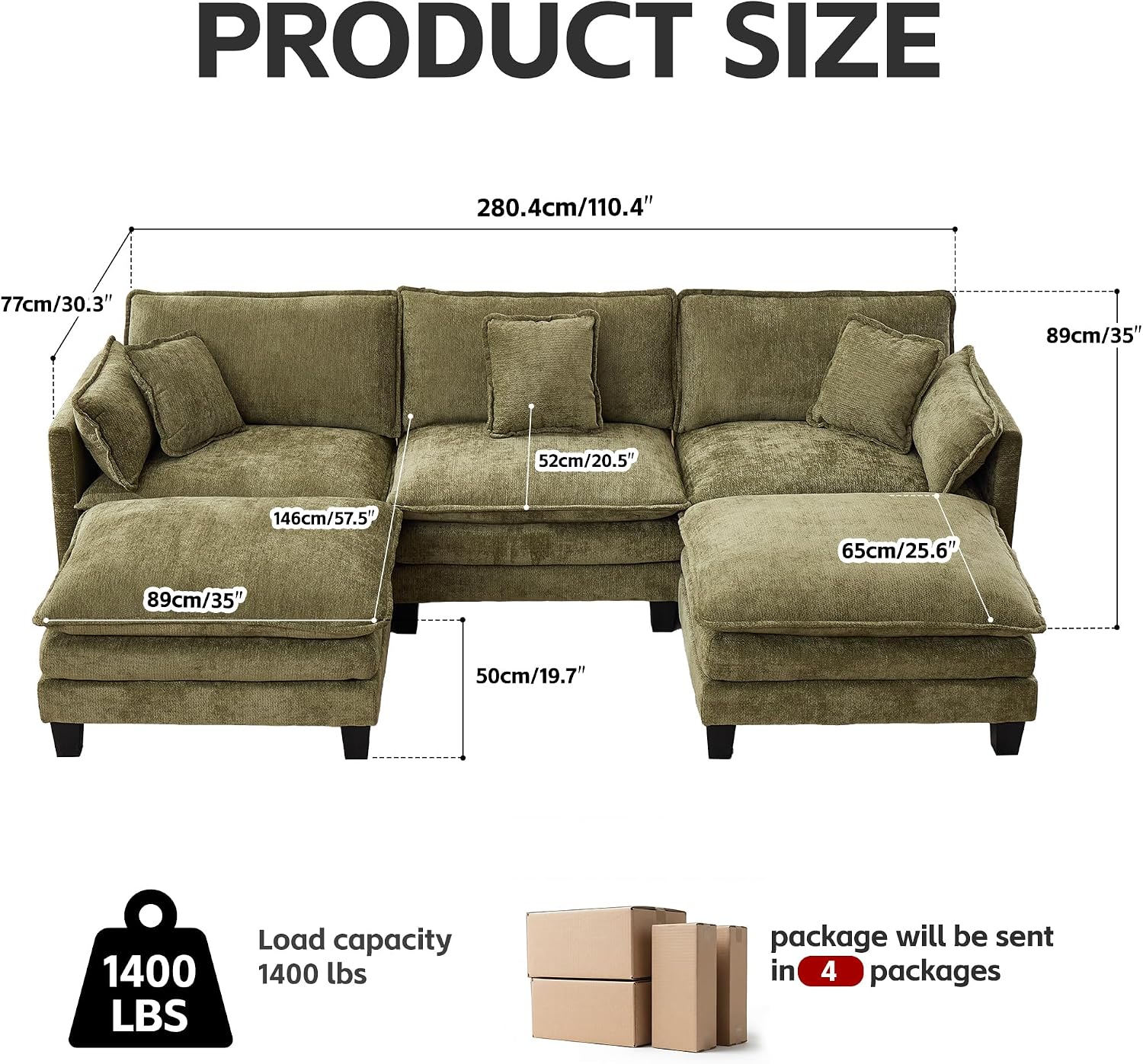 Opiesit Modular Sectional Sofa with Movable Ottoman, 110' 5-Seat Modern Couches for Living Room, Comfy U Shaped Couch Set with Deep Seat for Office and Apartment, Green Chenille Fabric