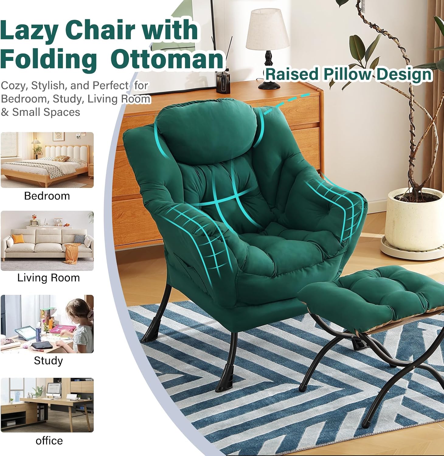 Furlide Lazy Chair with Ottoman, Modern Accent Chair with Armrests and a Side Pocket, Dark Green Accent Chairs, Reading Chairs, Oversized Armchairs for Bedroom, Study, Living Room, Courtyard