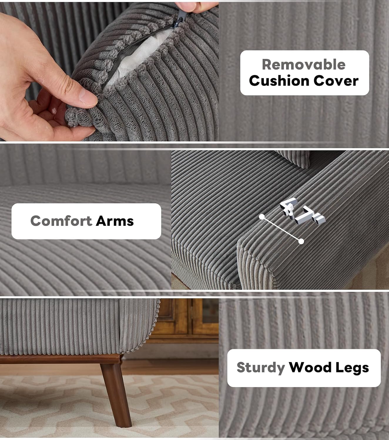 Kingfun 65' Corduroy Love Seat with Spring Cusions, Mid Century Modern Loveseat Sofa for Livingroom & Bedroom, Comfy Upholstered Small Couch, Gray