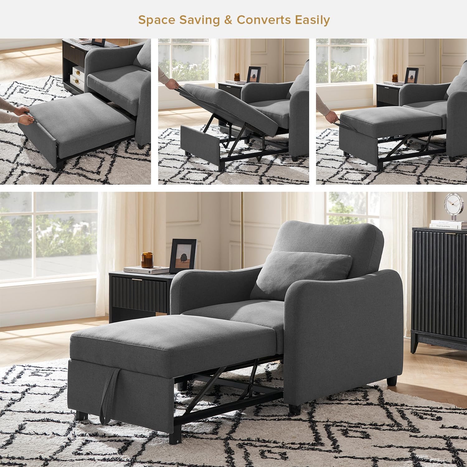 mopio Sophie 4-in-1 Convertible Sleeper Chair Bed, Accent Chair, Chaise Lounge, Comfy Reading Armchair, Pull Out Sofa Bed with Adjustable Backrest for Living Room, Bedroom (Dark Gray Fabric)