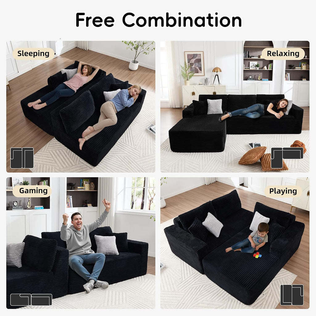 Opiesit 108' Boneless Couches for Living Room, Modular Sectional Sofa with Oversized Chaise, L-Shape Cloud Couch with Deep Seat, High-Density Memory Foam, No Assembly Required, Plush Corduroy Black