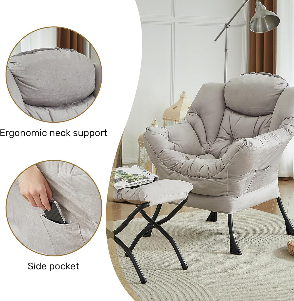 HollyHOME Lazy Chair with Foldable Ottoman, Accent Comfy Lounge Armchair and Folding Footrest Stool, Leisure Sofa Reading Chair and Footstool for Living Room, Bedroom, Dorm,Textured Grey