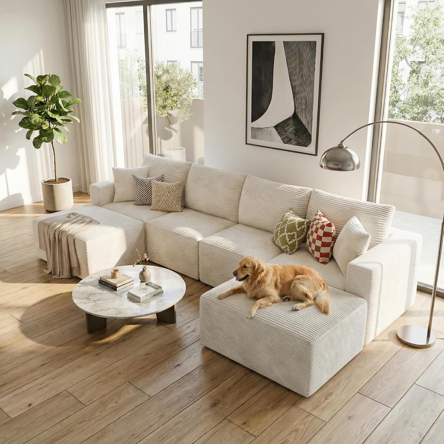 Homall 126' Sectional Couches for Living Room, Modern Fabric Boneless Couch with Deep Seat, Upholstered Cloud Sofa with 2 Ottoman, No Assembly Required (Beige, U Shaped Sofa)