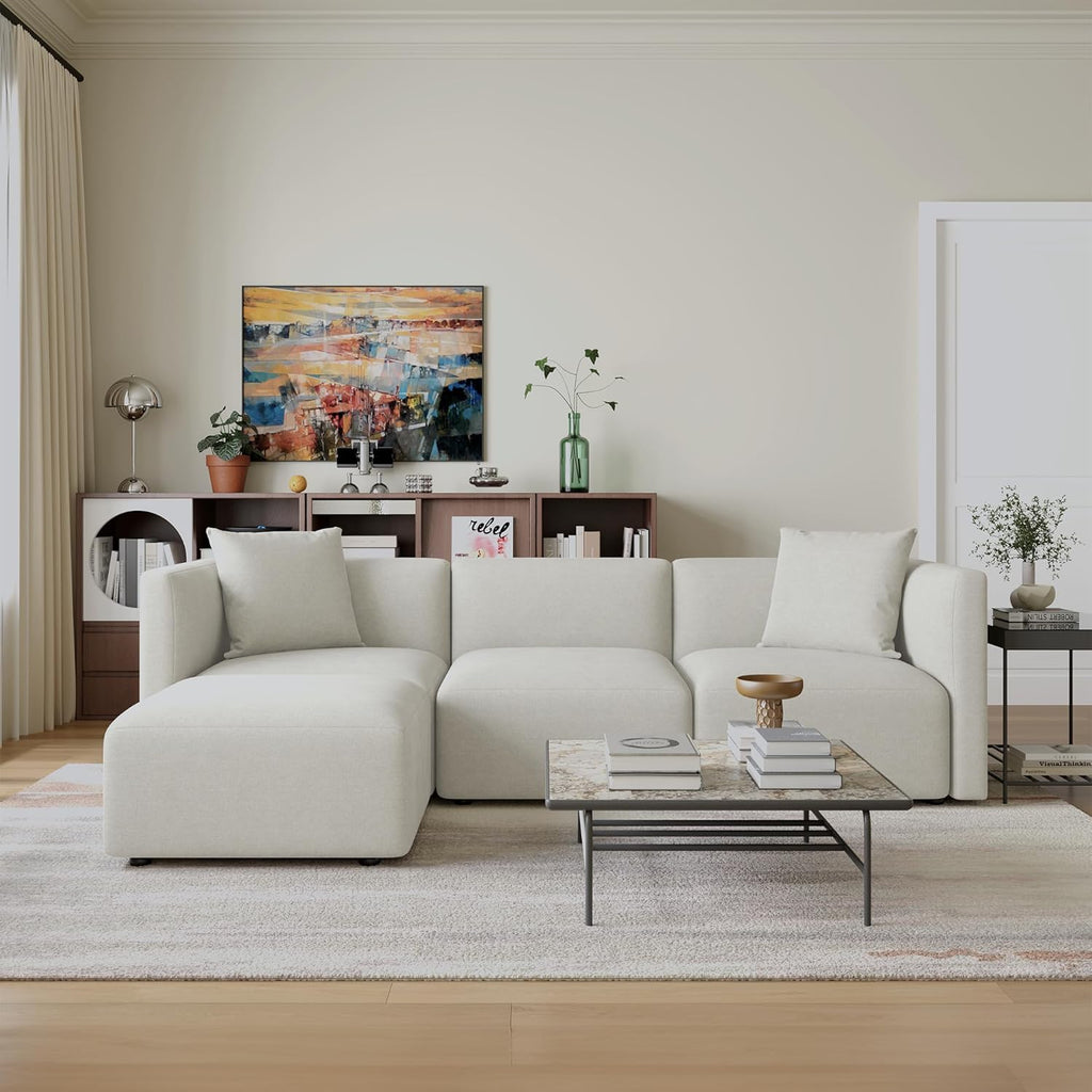 Acanva Luxury L-Shaped Upholstery Convertible Modular Sectional Sofa, Contemporary Reversible Couch with Chaise Lounge for Living Room, Apartment, Linen-Like Cream