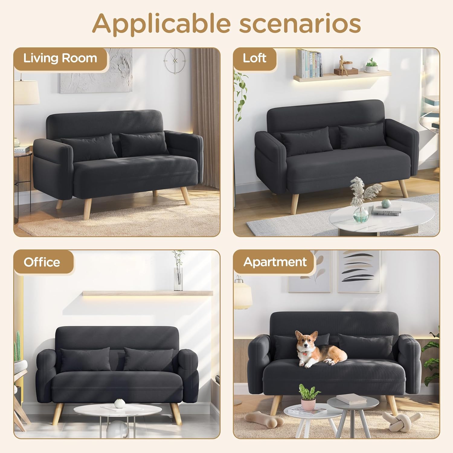 Yaheetech 46' Small Modern Fabric Sofa Loveseat Mid Century 2 Seater Sofa Couch with Lumbar Pillows, Solid Wood Legs for Living Room, Small Space, Dorm, Office, Bedroom, Dark Gray