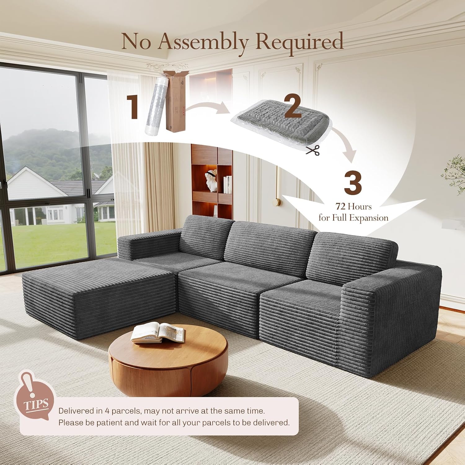 Vesgantti 119' L-Shaped Modular Sectional Sofa, Corduroy Cloud Couch with Deep Seating & Spring Support, Flexible Layout Sofa with Ottoman, Boneless Style, No Assembly Required, Grey
