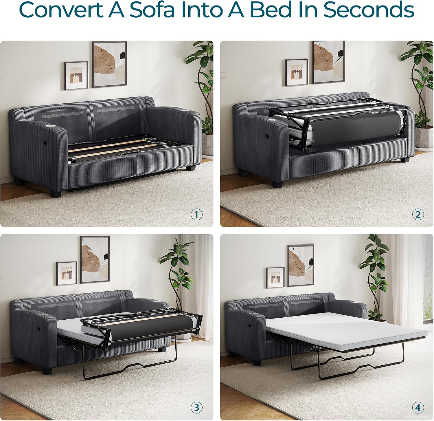 LINSY HOME Pull Out Sofa Bed - Convertible Loveseat Sleeper Sofa, Upgraded Bed Frame Pullout Couch - USB Charging & Cup Holders, Corduroy Sofa Bed for Living Room Small Space, Queen Size (Grey)