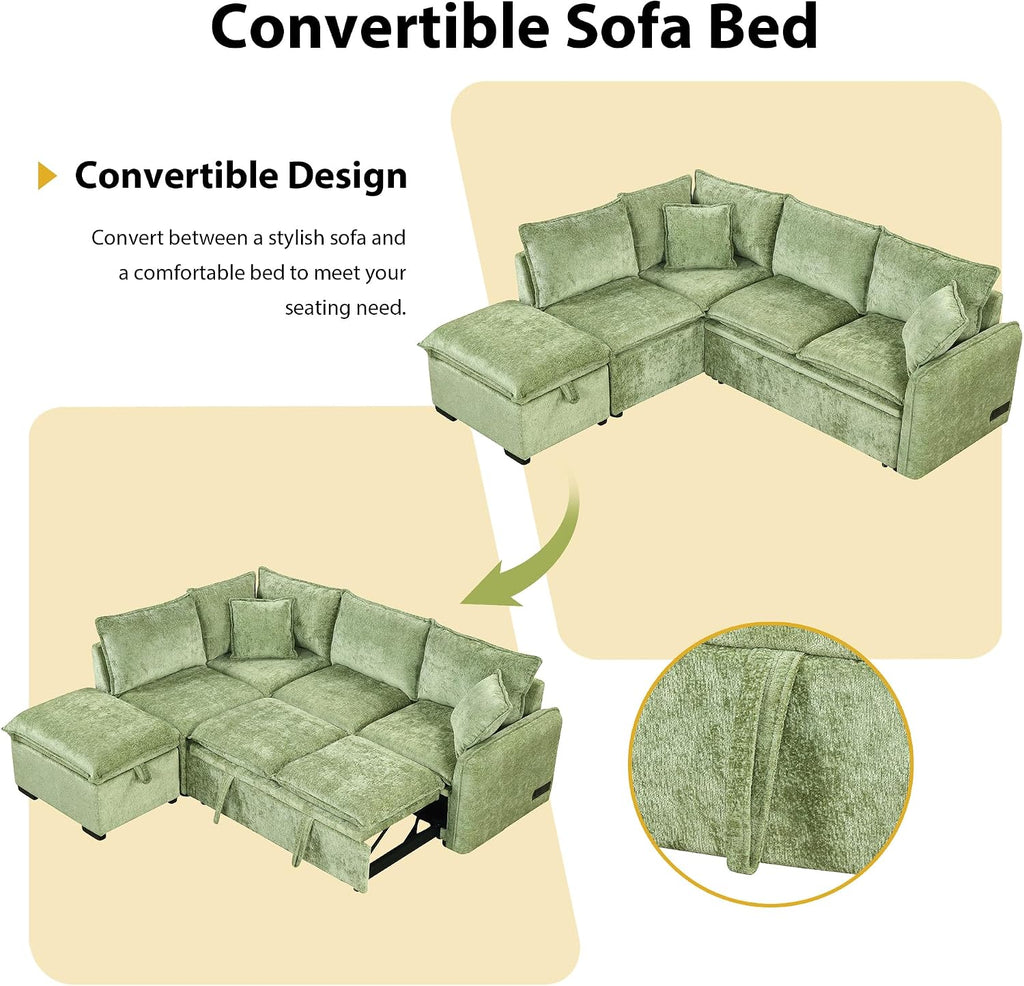 LUMISOL 82.7' Convertible Sleeper Sofa Bed with Storage Ottoman, L-Shaped Sectional Sofa with Pull Out Bed, USB Ports, Chenille Sleeper Sofa Couch with Chaise for Living Room, Green