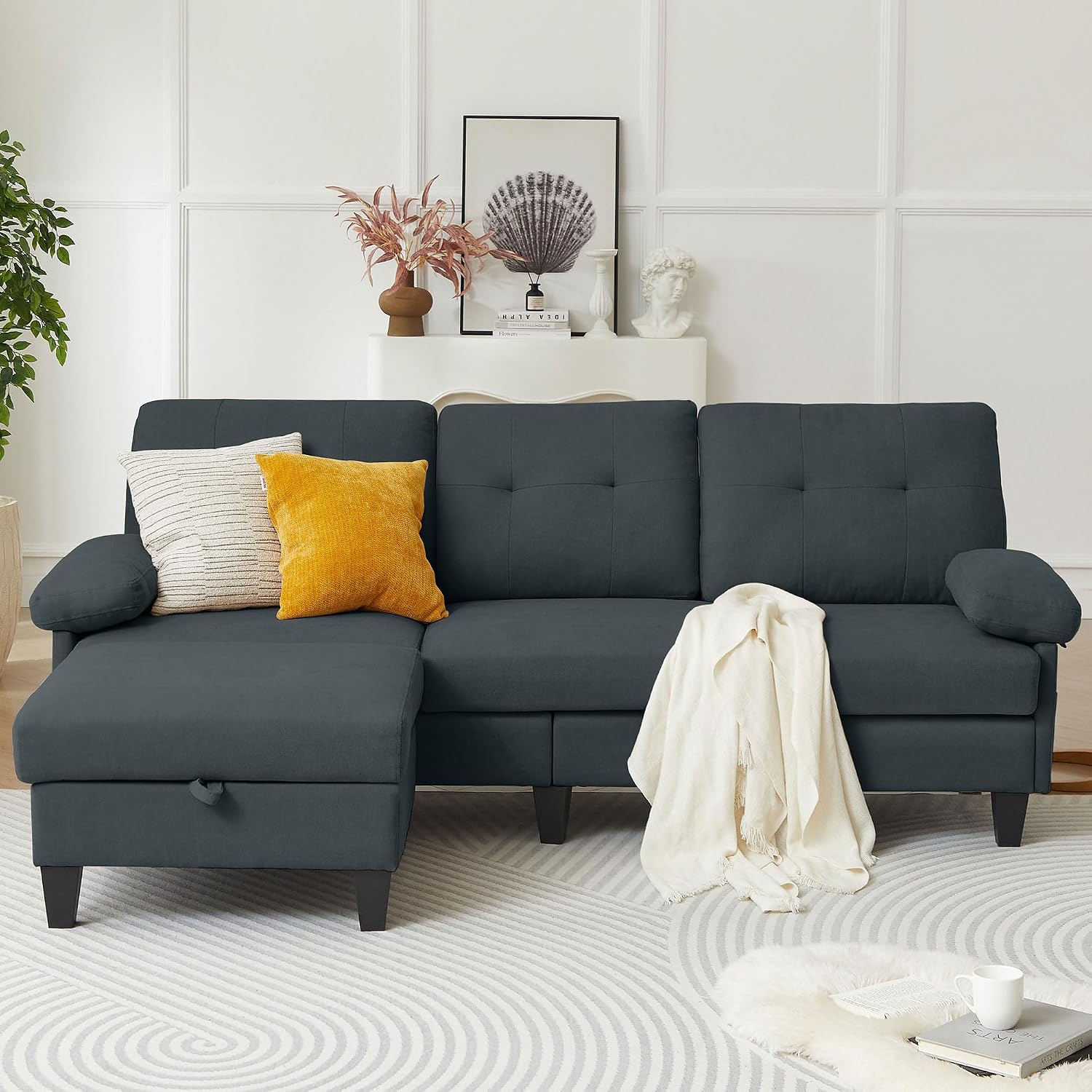 84' Sectional Sofa with Chaise, L Shape 3-Seat Couch with Storage Movable Ottoman, Polyster Fabric for Living Room,Apartment and Small Space, Dark Grey