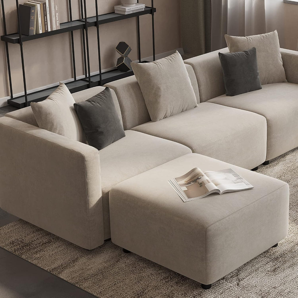 Acanva Luxury L-Shaped Upholstery Convertible Modular Sectional Sofa, Contemporary Reversible Couch with Chaise Lounge for Living Room, Apartment, 4 Piece Set, Beige