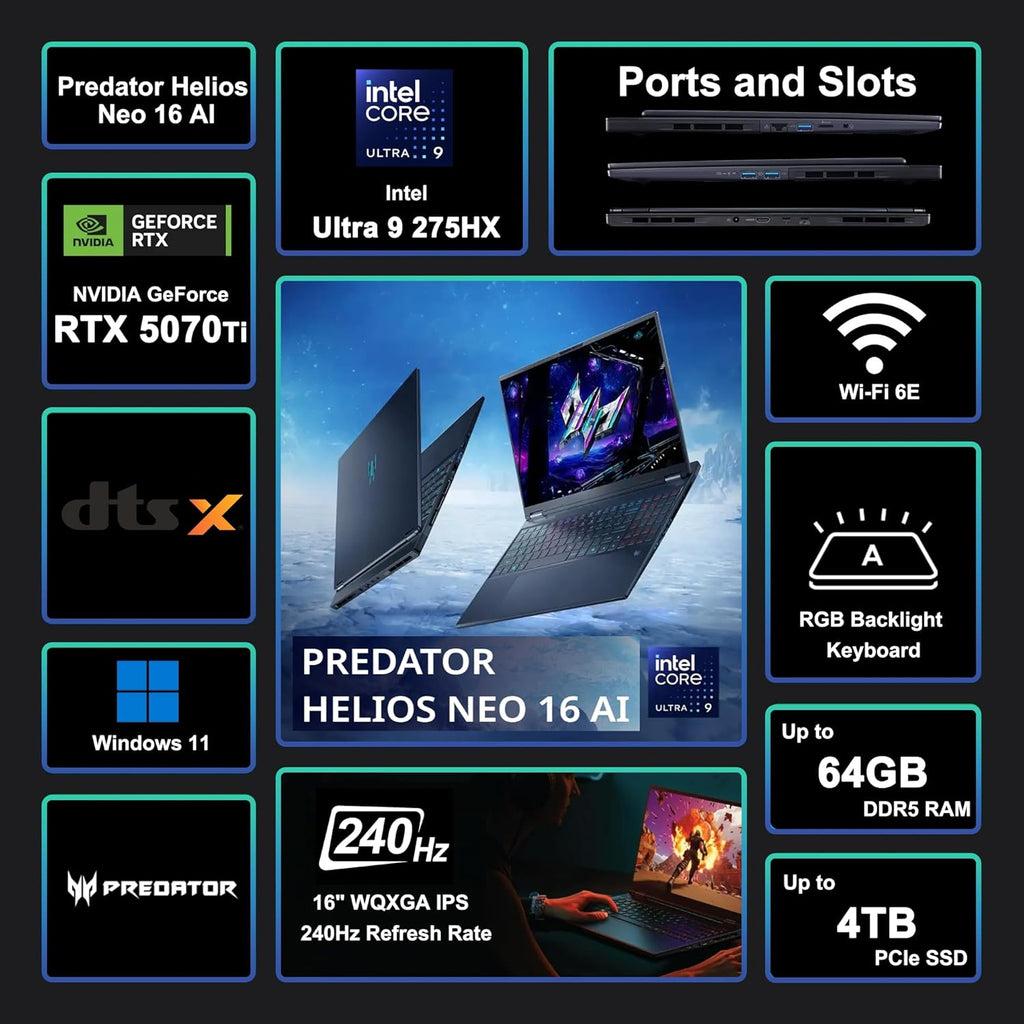 acer Predator Helios Neo 16 AI Gaming Laptop 16' 2560x1600 IPS 240Hz (100% DCI-P3 500nits) Intel 24-core Ultra 9 275HX 32GB RAM 4TB SSD GeForce RTX 5070 Ti (Up to 992 AI Tops) Win11 ICP Hub
