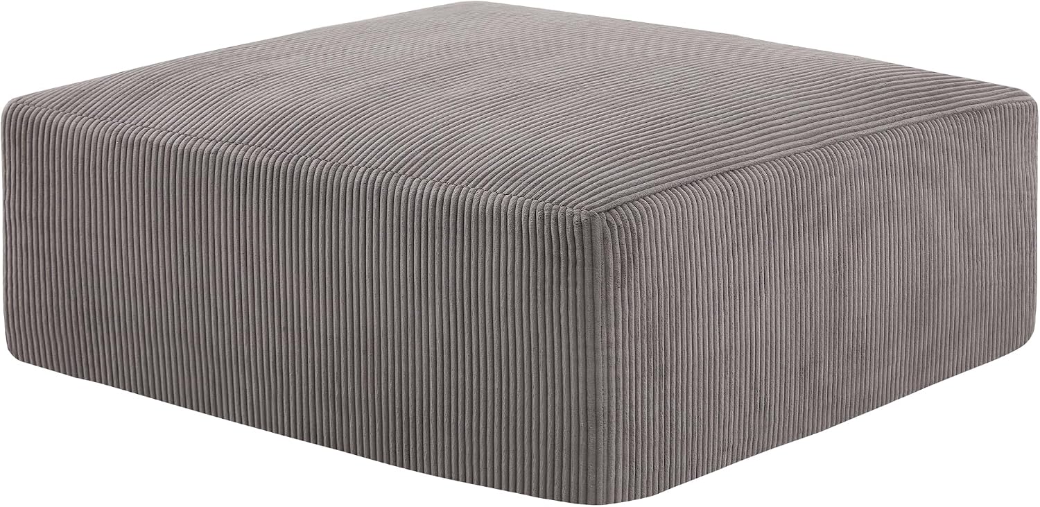 Gericco 113' Modular Sectional Couch, Cloud Boneless Sofa with Deep Seats, Upholstered Corduroy Square Stuffed Ottoman Pouf, 40 * 40 Inch Furry & Fluffy Movable Foot Stool for Living Room, Grey