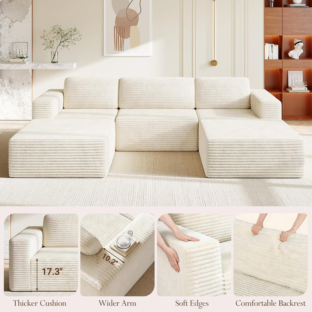 Vesgantti 119' Oversized U-Shaped Modular Sectional Sofa, Corduroy Cloud Couch with Deep Seating & Spring Support, Convertible Sofa with 2 Ottomans, Boneless Couch, No Assembly Required, Beige