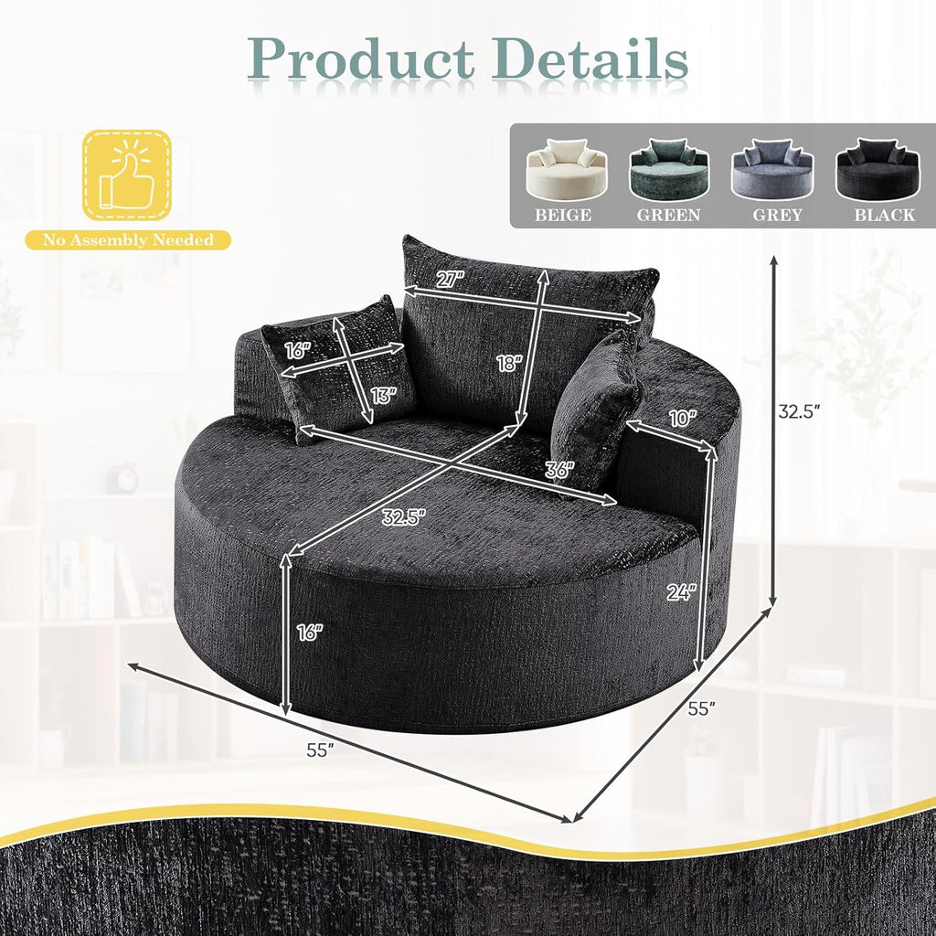 Oversized Round Chaise Longue Chair Indoor, Modern 55-inch Upholstered Chenille Deep Seat Circle Single Cloud Lounge Floor Sofa Chair for Living Room, Bedroom Apartment, Black