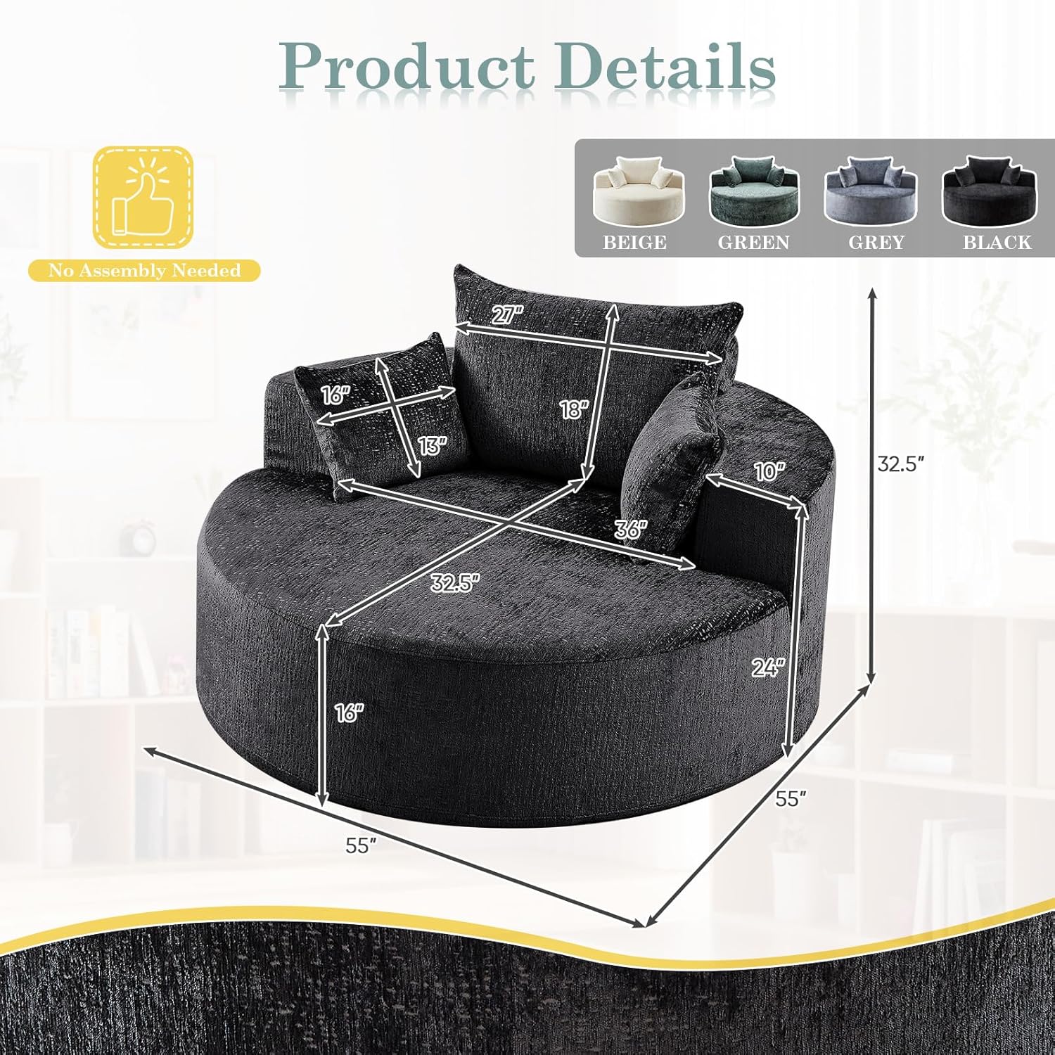 Oversized Round Chaise Longue Chair Indoor, Modern 55-inch Upholstered Chenille Deep Seat Circle Single Cloud Lounge Floor Sofa Chair for Living Room, Bedroom Apartment, Black