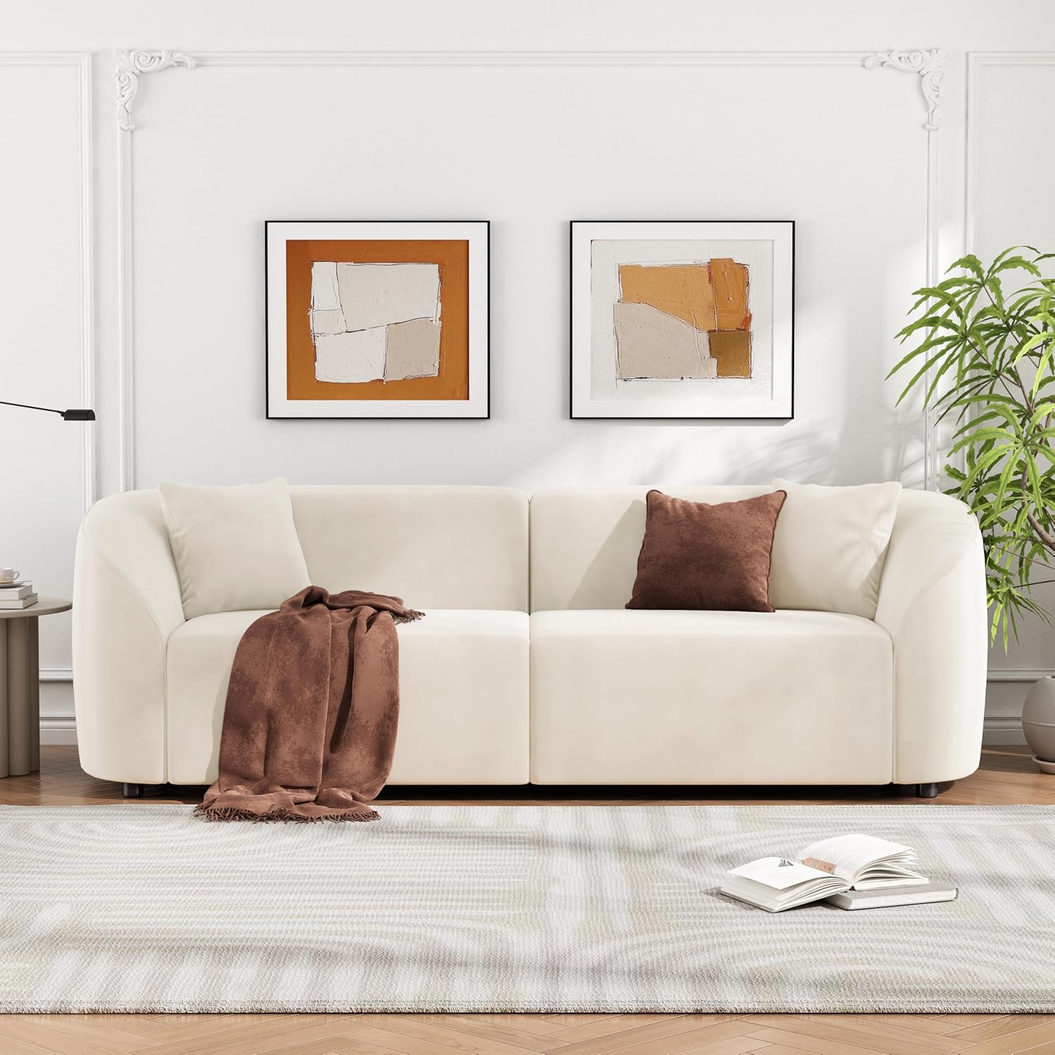Christopher Knight Home 87.50' Velvet Curved Oversized 2 Seater Sofa, Upholstered Couch Chair, Soft Seating Lounge Sofa, Cozy Loveseat with Armrest, Reading Loveseat for Living Room, Home Rest, Cream