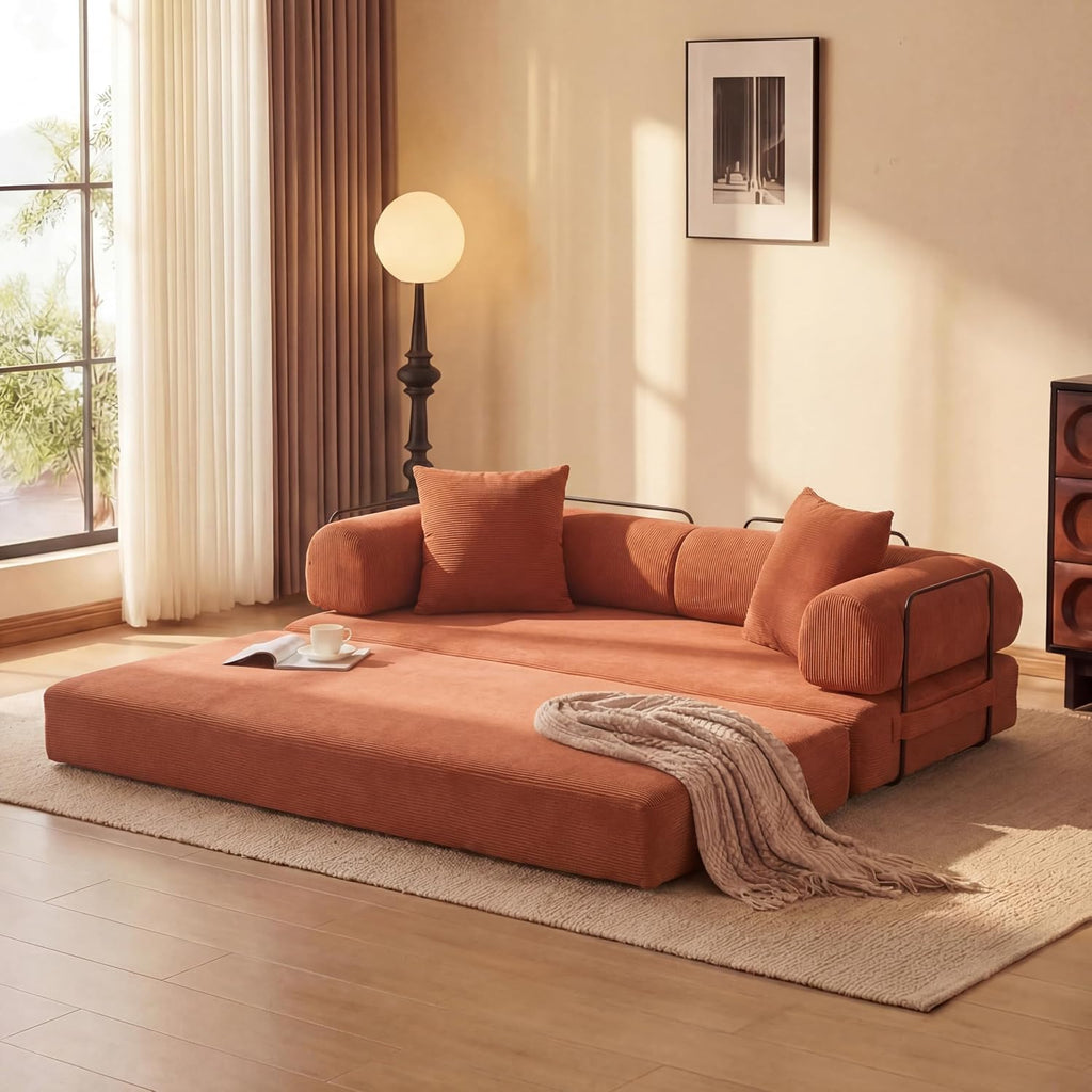 ZEIINPA Convertible Sleeper Sofa Bed with Cylindrical Pillow, Corduroy Folding Mattress Couch with Fixed-Shape Frame, Floor Sofa Lounge Couch for Living Room Bedroom Lounge Studio, Orange