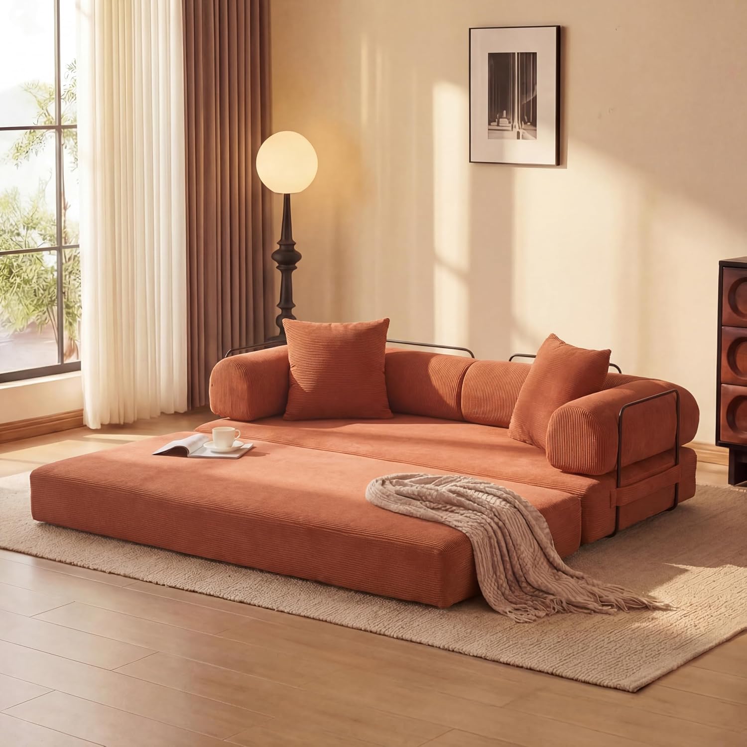 ZEIINPA Convertible Sleeper Sofa Bed with Cylindrical Pillow, Corduroy Folding Mattress Couch with Fixed-Shape Frame, Floor Sofa Lounge Couch for Living Room Bedroom Lounge Studio, Orange