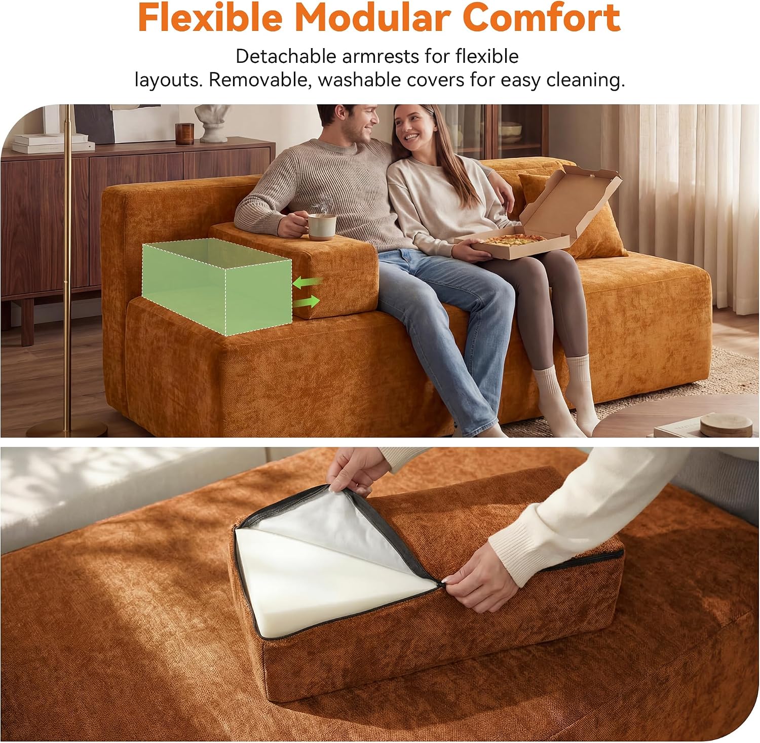 MONVANE 70' Loveseat Sofa with Removable Armrests, Comfy Chenille Cloud Couch with 4 Pillows, Modern Deep Seat Boneless Couch, 2 Seater Sofa for Living Room, No Assembly Required, Orange