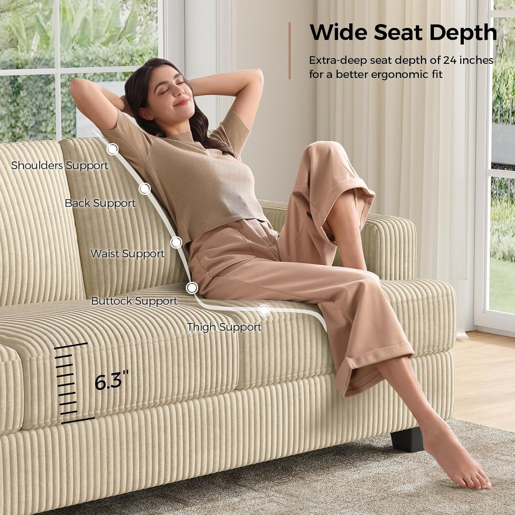 COPIAE 89 Inch Sofa with Extra Deep Seats Oversize, 3 Seater Sofa for Living Room, Modern Couch and Sofa, Comfy Armrests and Seats and Backrests, Easy Installation,Wide Corduroy Fabric Beige