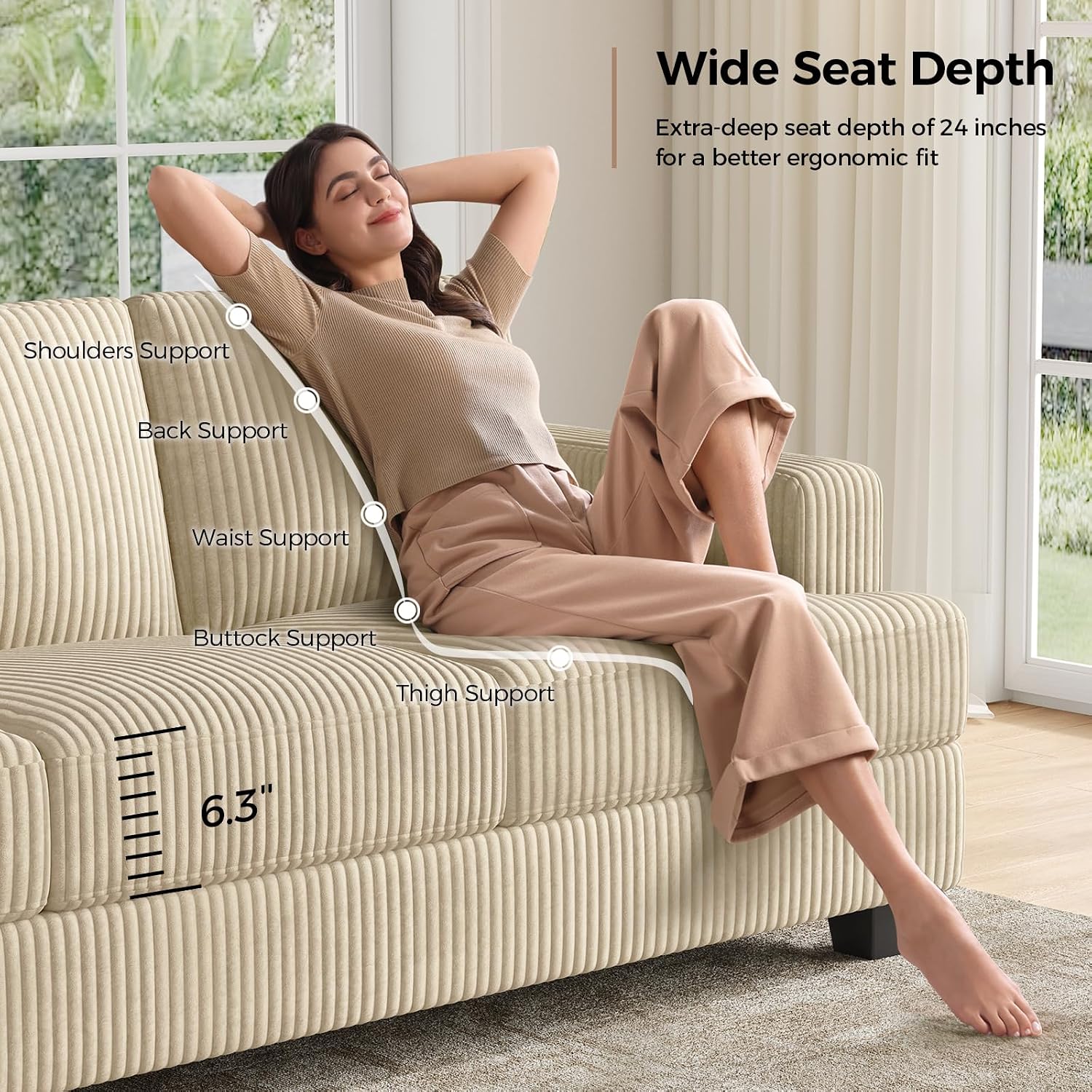 COPIAE 89 Inch Sofa with Extra Deep Seats Oversize, 3 Seater Sofa for Living Room, Modern Couch and Sofa, Comfy Armrests and Seats and Backrests, Easy Installation,Wide Corduroy Fabric Beige