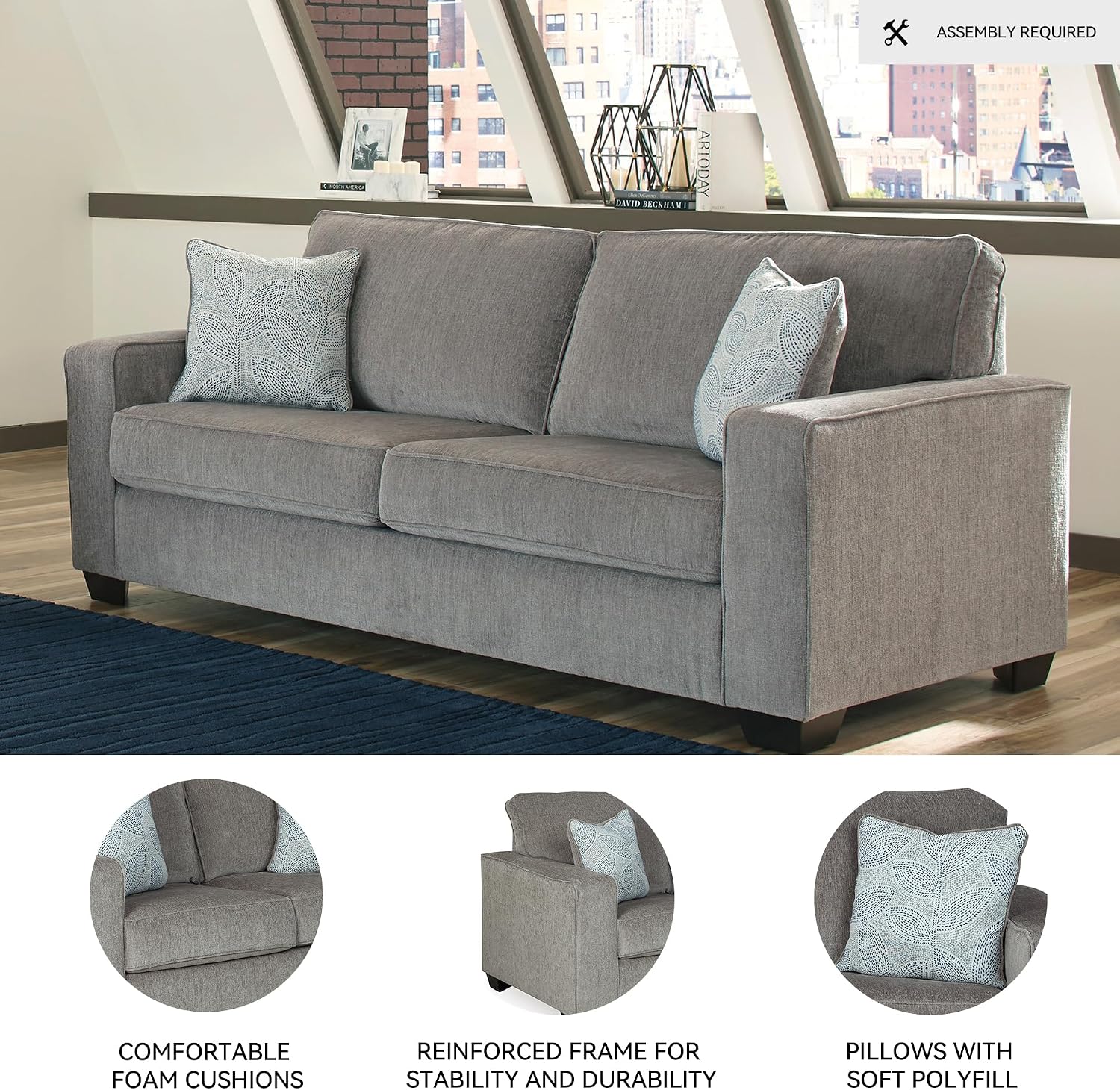 Signature Design by Ashley Altari Modern Sofa with 2 Accent Pillows, Light Gray