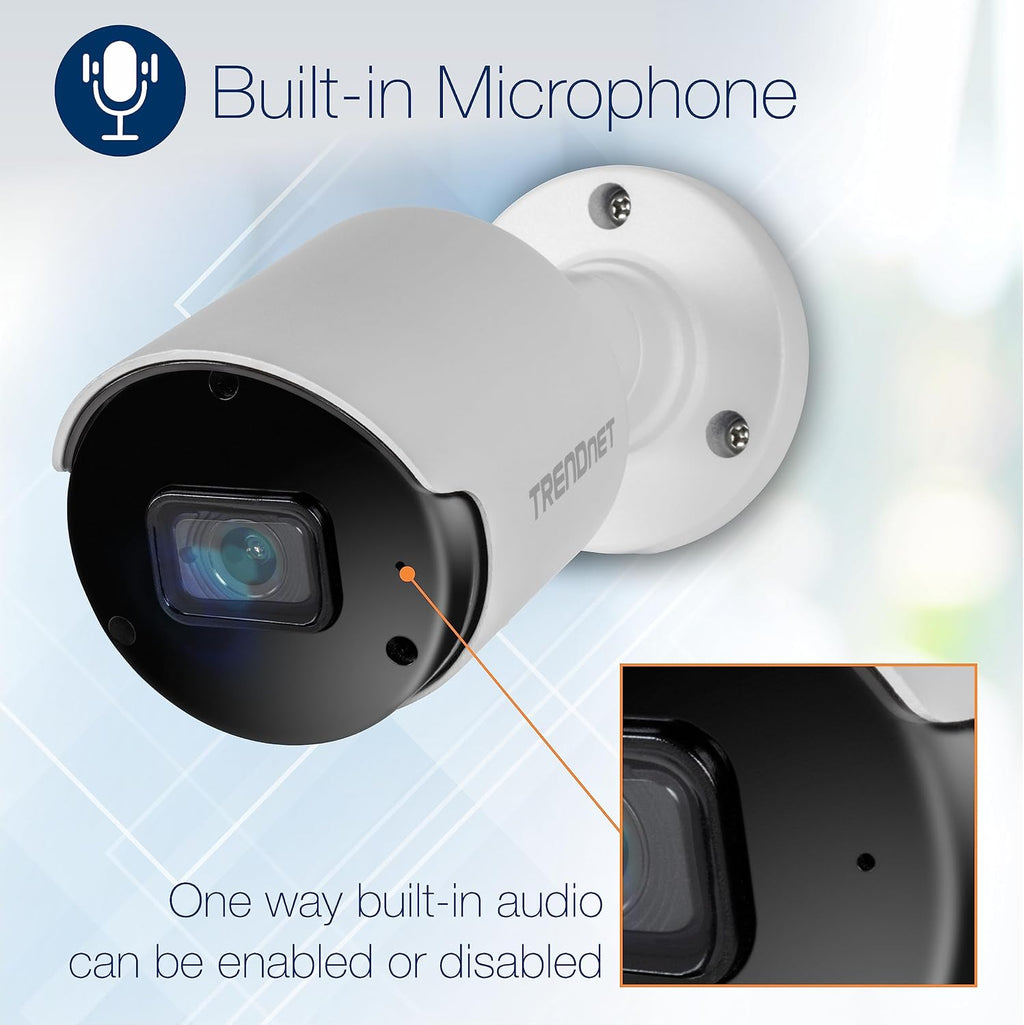 TRENDnet Indoor Outdoor 5MP H.265 PoE Bullet Network Camera, IP66 Rated Housing, IR Night Vision up to 30m (98 ft.), Security Surveillance Camera, microSD Card Slot (up to 256GB), White, TV-IP1514PI