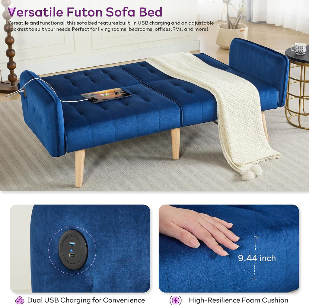 TYBOATLE 62.99' W Velvet Modern Convertible Folding Futon Couch Sofa Bed w/ 2 USB Charging Ports for Compact Living Space, Small Couches for Office, Dorm, RV Room, Apartment, Bedroom (Navy Blue)