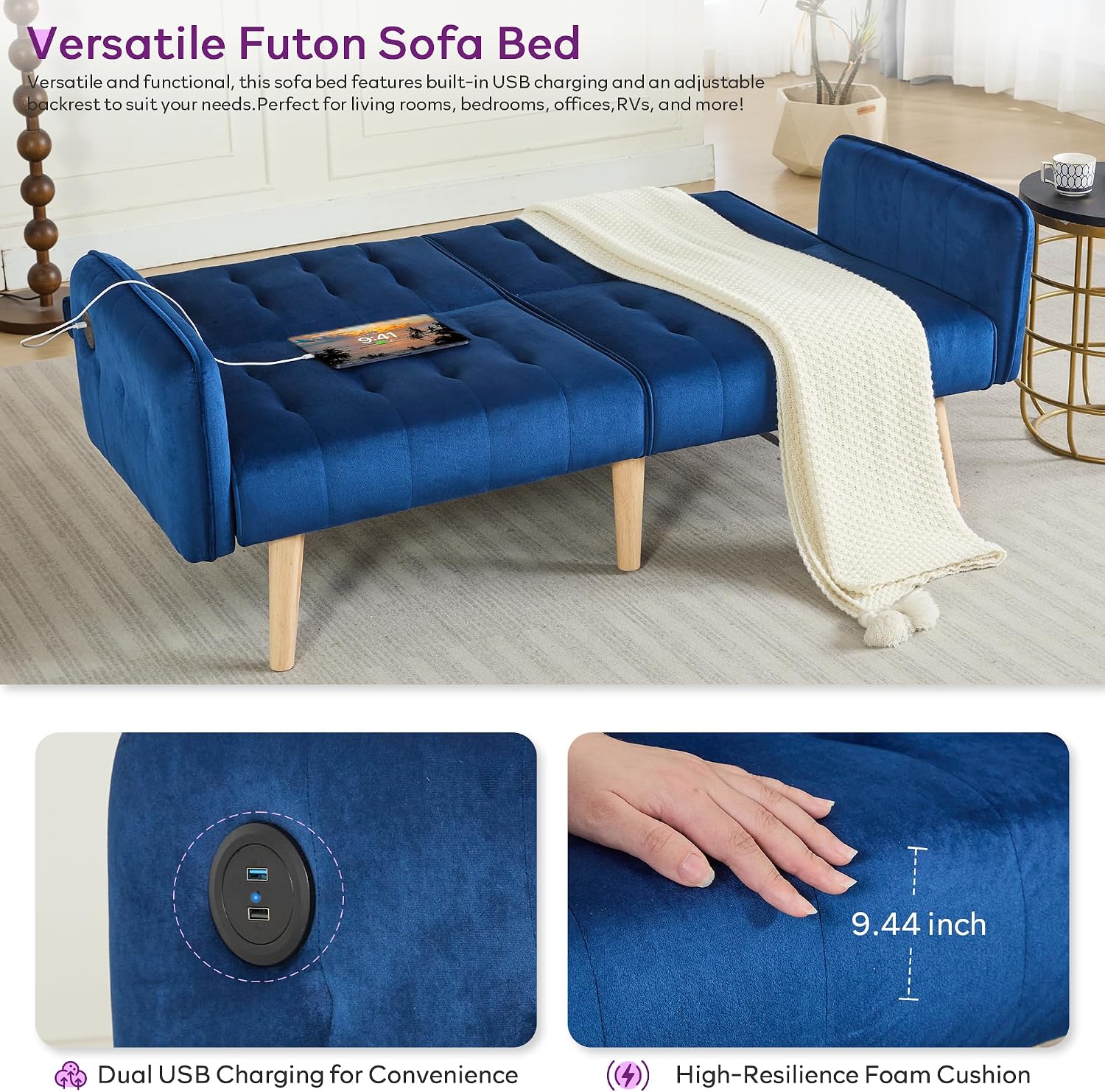 TYBOATLE 62.99' W Velvet Modern Convertible Folding Futon Couch Sofa Bed w/ 2 USB Charging Ports for Compact Living Space, Small Couches for Office, Dorm, RV Room, Apartment, Bedroom (Navy Blue)
