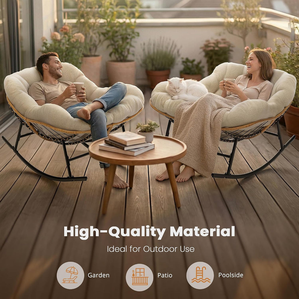 Easyego Oversized Papasan Rocking Chair Indoor Outdoor Use, Comfortable Wicker Rocker with Cozy Thicken Cushion for Deck, Balcony, Poolside, Lawn, Bedroom, Living Room, White