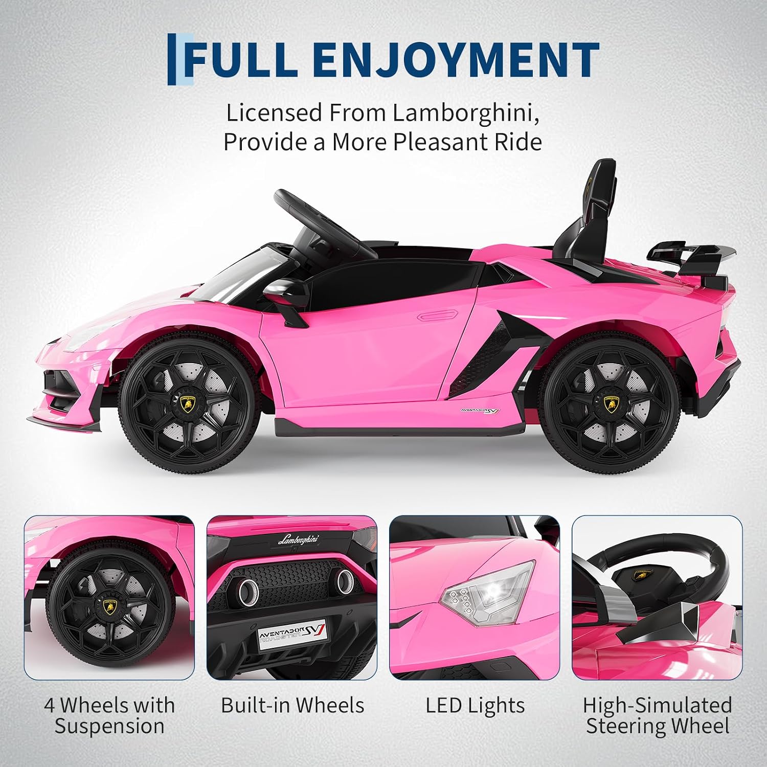 Garvee 12V Kids Electric Car with Remote Control, LED Lights & Sound System - Licensed Lamborghini Battery Powered Ride-On Toy for Boys & Girls (Pink)
