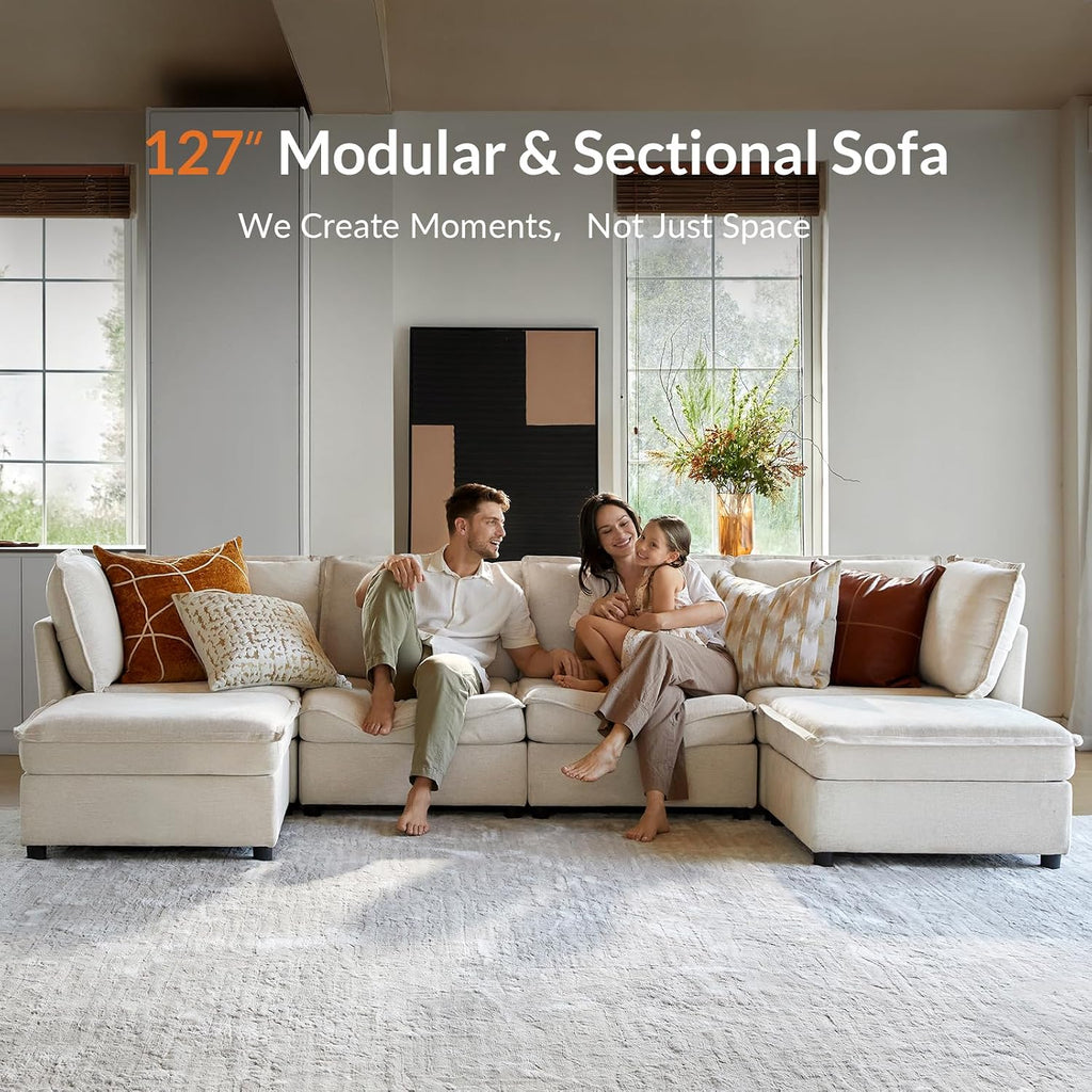 HULALA HOME 127'' Modular Sectional Sofa, Oversized U Shaped Couch with Storage Ottoman, Comfy Chenille Sofa with Deep Seat, 6 Seat Convertible Couches for Living Room, Beige