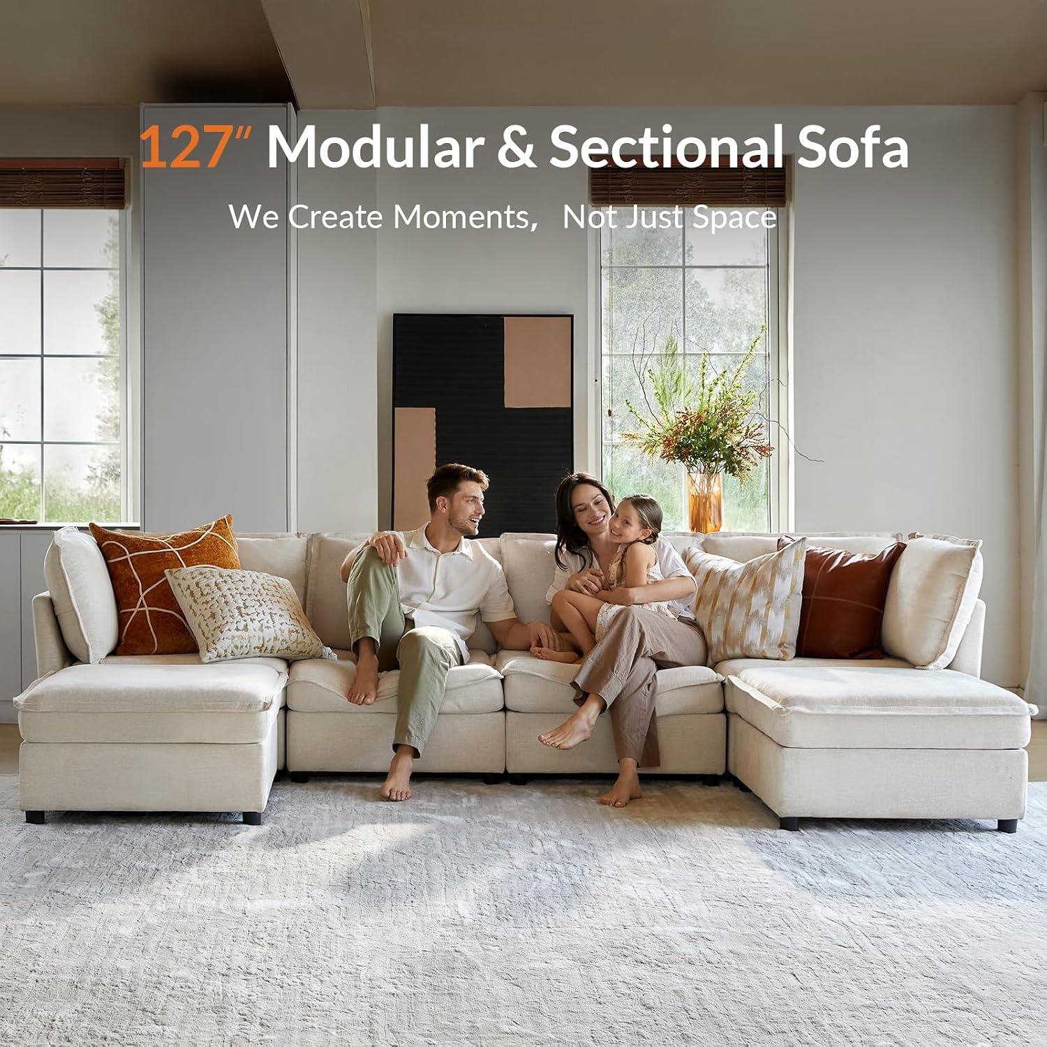 HULALA HOME 127'' Modular Sectional Sofa, Oversized U Shaped Couch with Storage Ottoman, Comfy Chenille Sofa with Deep Seat, 6 Seat Convertible Couches for Living Room, Beige