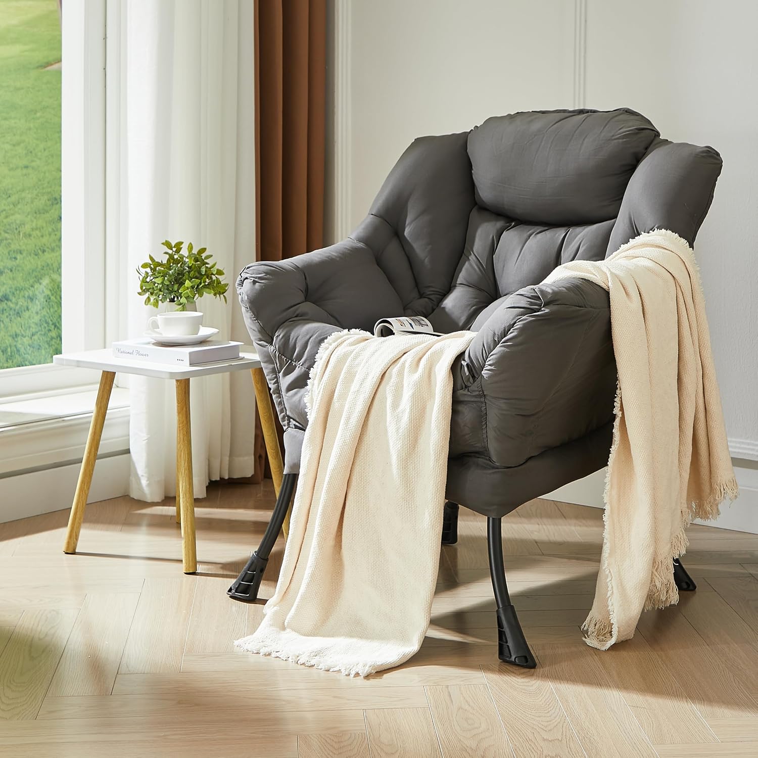 HollyHOME Lazy Chair with Armrest and Side Pocket, Comfy Accent Lounge Chair,Leisure Sofa Armchair for Living Room, Bedroom, Dorm, or Small Spaces, Oversized Reading Sofa Chair,Dark Grey