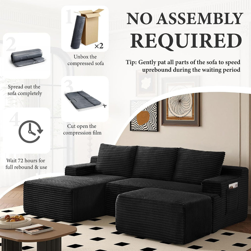 96''Sectional Couches for Living Room,Modern Modular Sectional Sofa,Upholstered Boneless Couch Comfy Cloud Couch with L Shaped Chaise (Black, 96''W Left Facing Chaise+Ottoman)