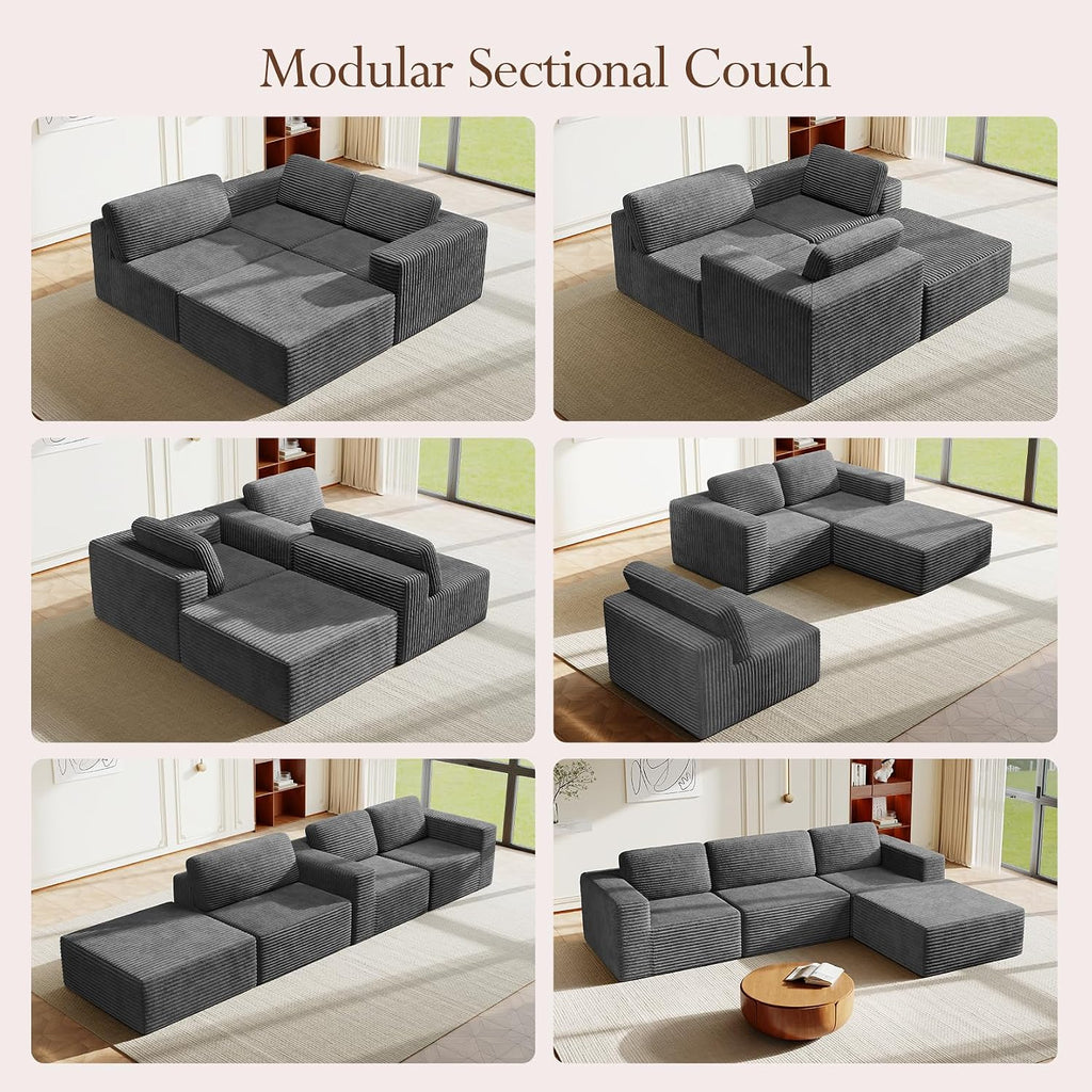 Vesgantti 119' L-Shaped Modular Sectional Sofa, Corduroy Cloud Couch with Deep Seating & Spring Support, Flexible Layout Sofa with Ottoman, Boneless Style, No Assembly Required, Grey