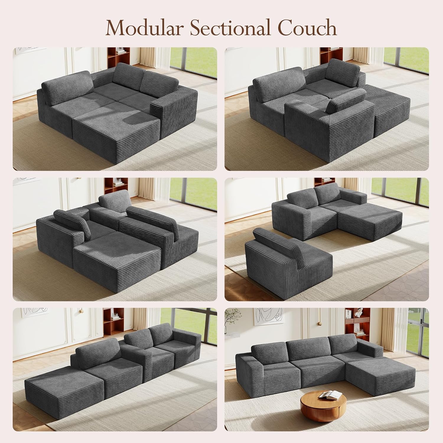 Vesgantti 119' L-Shaped Modular Sectional Sofa, Corduroy Cloud Couch with Deep Seating & Spring Support, Flexible Layout Sofa with Ottoman, Boneless Style, No Assembly Required, Grey