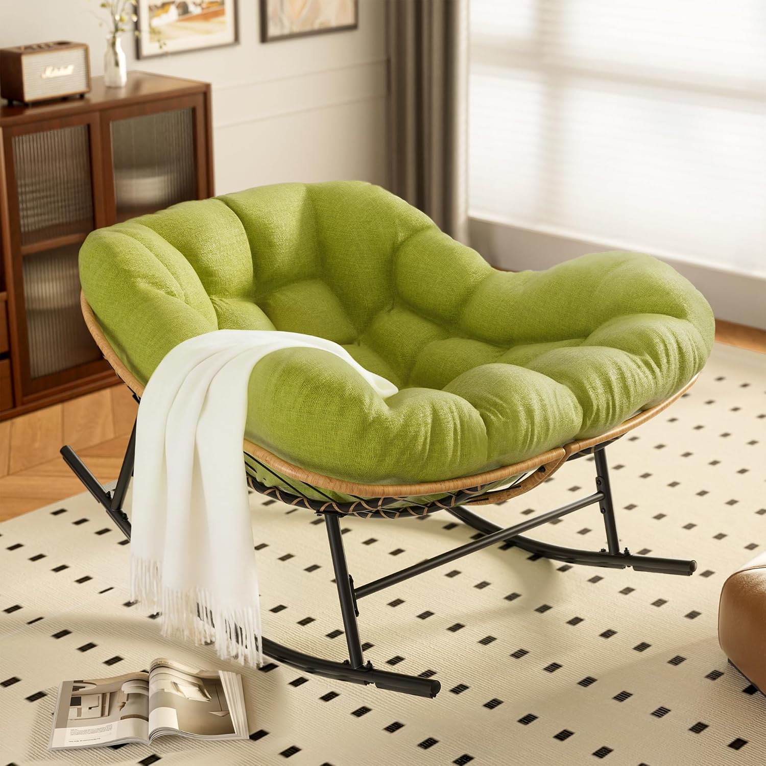 Easyego Oversized Papasan Rocking Chair Indoor Outdoor Use, Comfortable Wicker Rocker with Cozy Thicken Cushion for Deck, Balcony, Poolside, Lawn, Bedroom, Living Room, Green