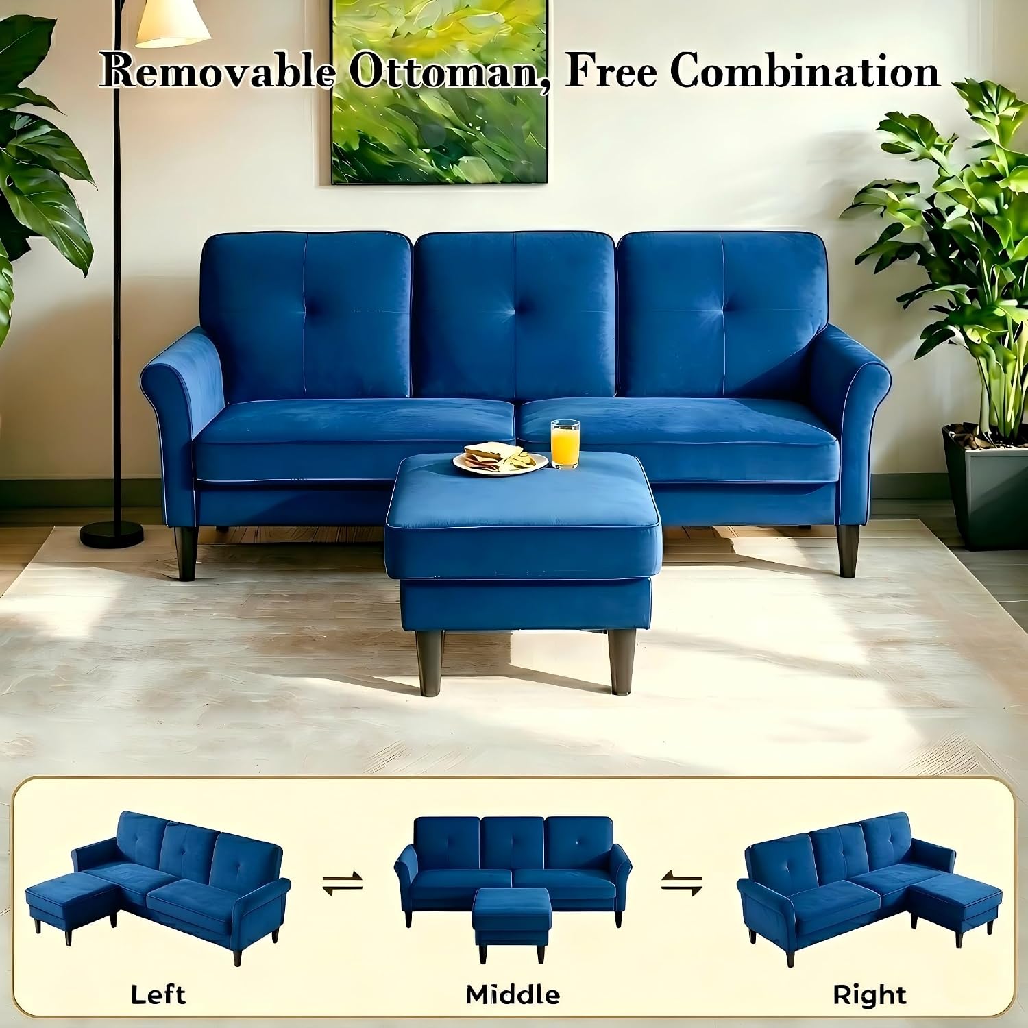 Welzona Sectional Couches for Living Room, 83' Velvet Modern 3 Seater Sofa, L Shaped Couch with Ottoman, Small Sectional Couch Sofas for Living Room, Bedroom, Apartment, Office, Blue Sofa