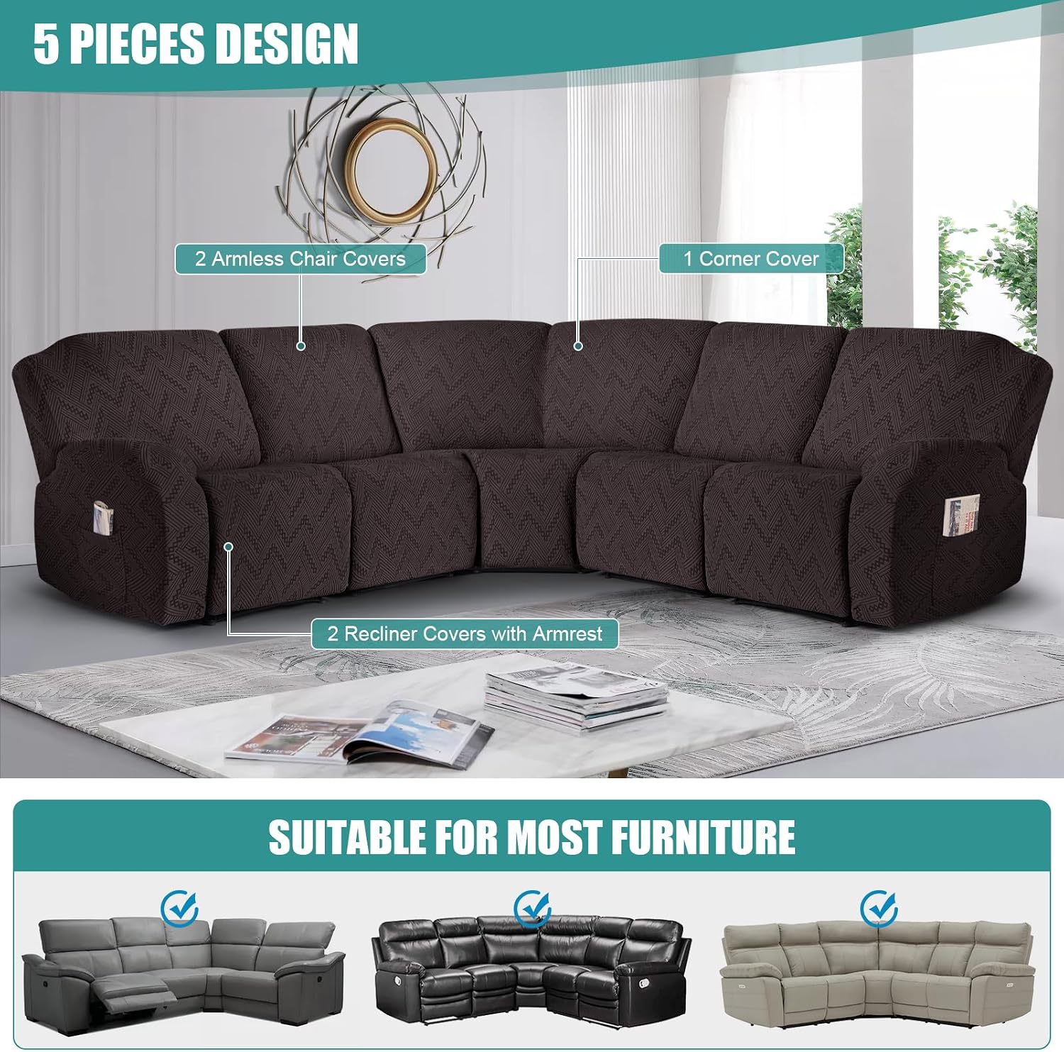 Ruaozz Sectional Sofa Covers Oversized L Shape 5 Seat Recliner Couch Covers - Washable Soft Extra Large Sectional Covers with Pockets (Chocolate)