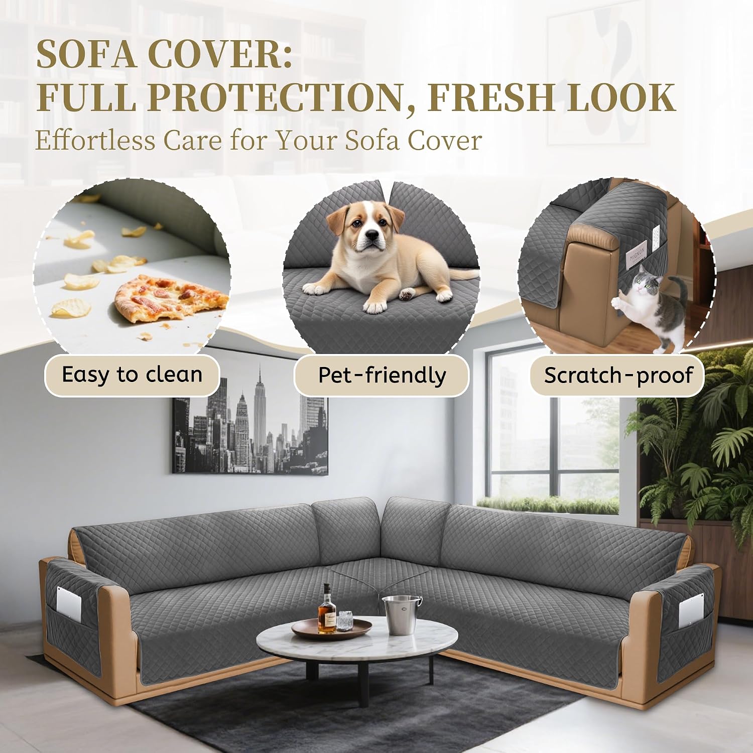 Sectional Couch Covers for Dogs 100% Waterproof Corner L Shaped Sofa Cover Pet Friendly Velvet Washable Anti Slip L Shape Modular Sofa Slipcover Protector with Pockets (Dark Gray, X-Large)