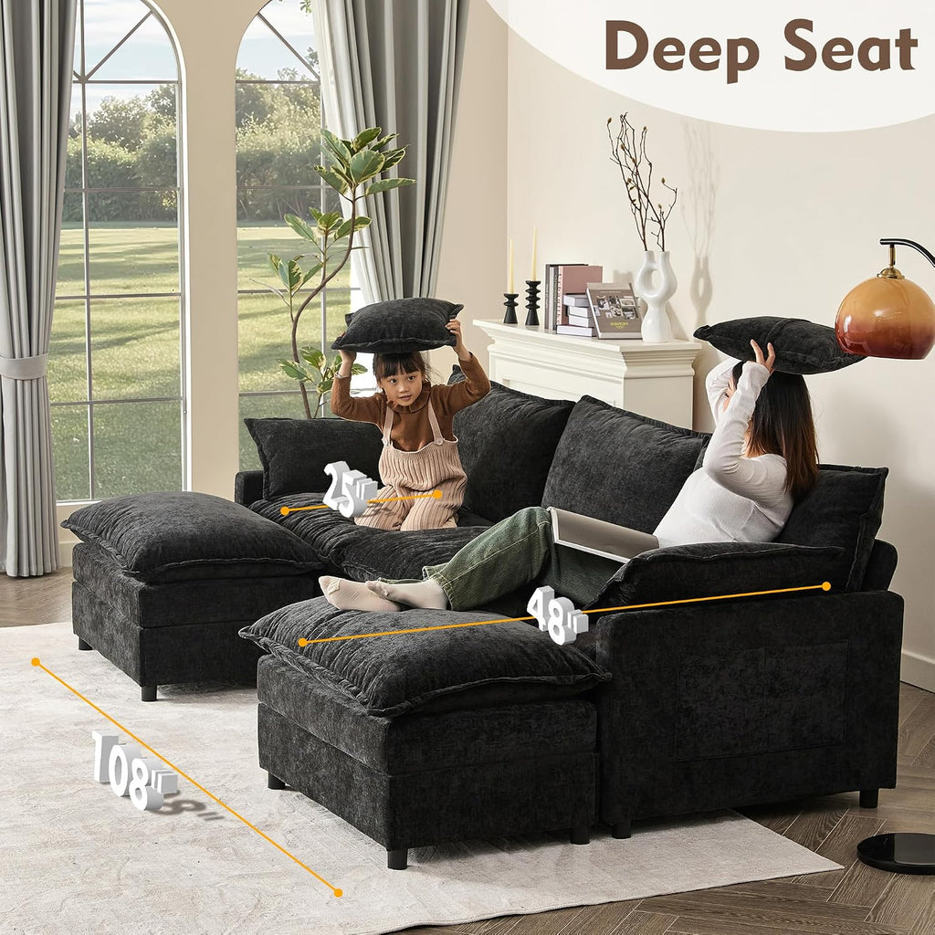 GOSUHI 108' U Shaped Couch, Modular Sectional Sofa, 3-Seater Comfy Cloud Couch, Set of Modular Pieces with Movable Ottoman, Deep Seat Couches for Living Room, Chenille, Black
