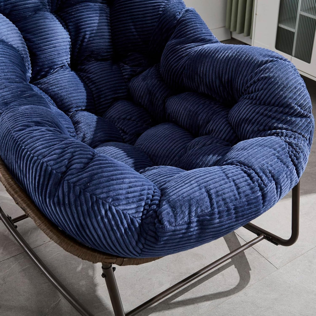 Outside Rattan Rocking Chair with Wicker Cushion, Oversized Lounge Papasan Chair, Outdoor Camping Chairs Patio Furniture for Garden, Balcony, Front Porch & Living Room, Navy Blue2