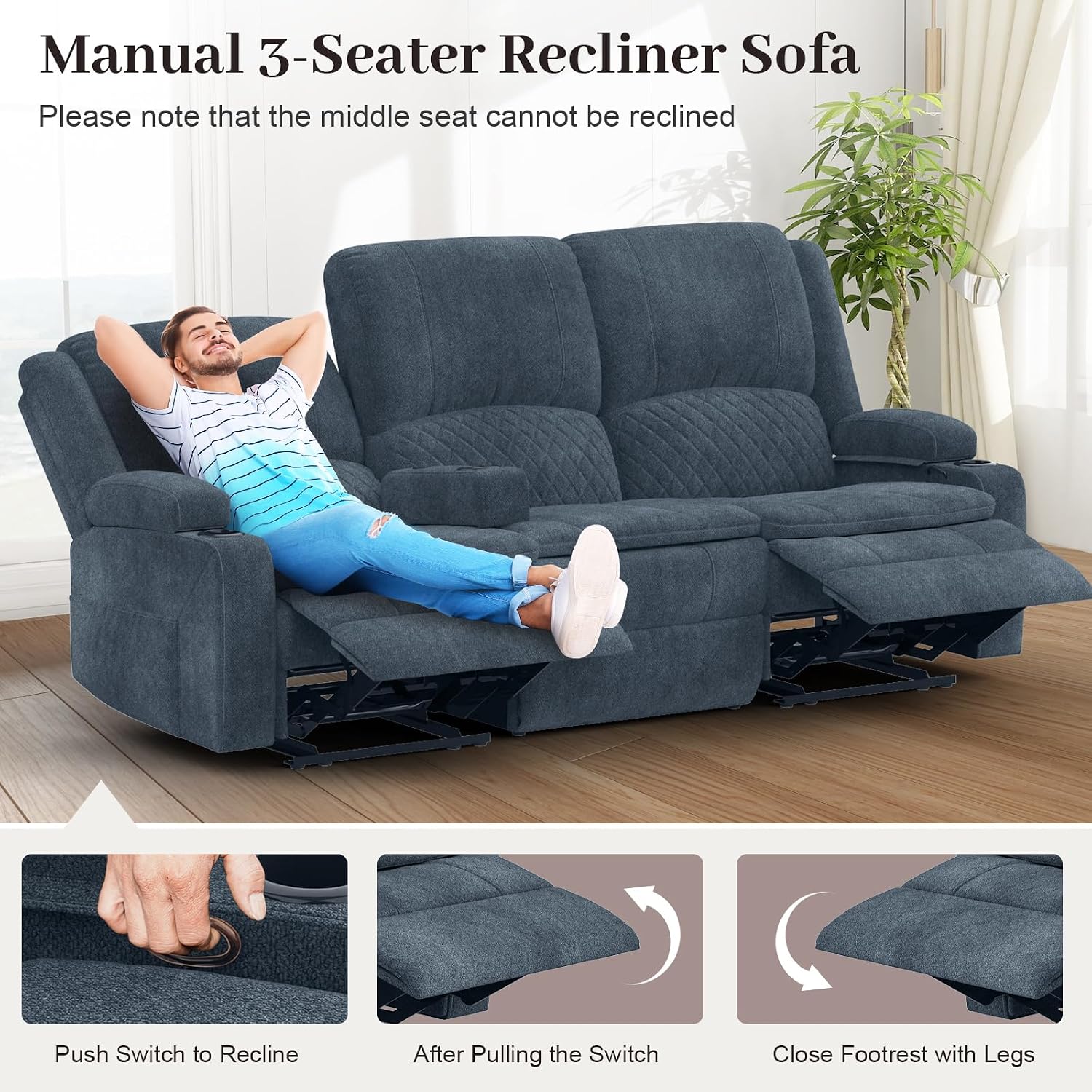 Yolsali 3-Seater Recliner Sofa, Manual Reclining Couch with Multi-Functional Middle Seat, Reclining Sofa for Living Room with Hidden Storage Space, Cup Holders, and Removable Console