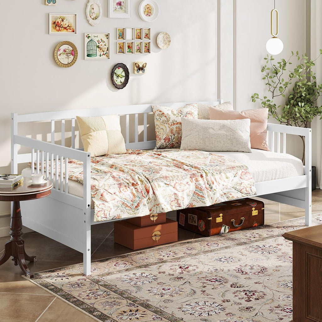 Giantex Twin Daybed Frame, Wooden Sofa Bed Guest Bed with Rails & Wood Slat Support, Dual-use Twin Size Platform Bed Frame for Living Room Bedroom, No Box Spring Needed, White